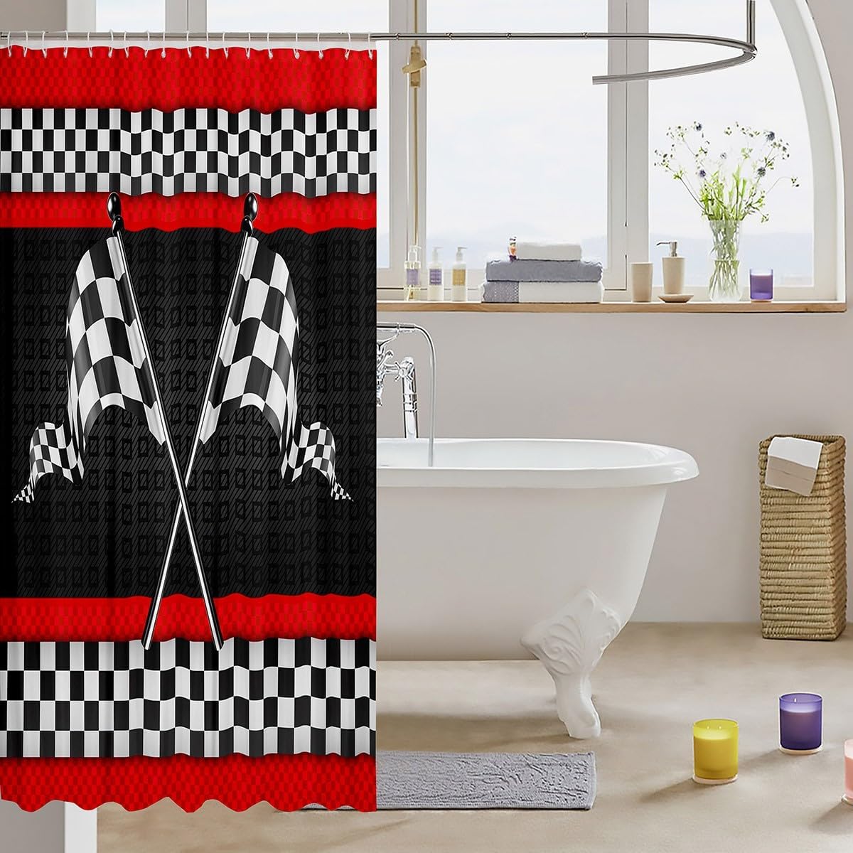 Race Car Themed Shower Curtain with Hooks,Black White Checkered Flag Print Room Decor Bath Curtain,Red Stripes Geometric Grid Plaid Bathroom Accessories Waterproof Fabric Panel, 72Wx84L inch