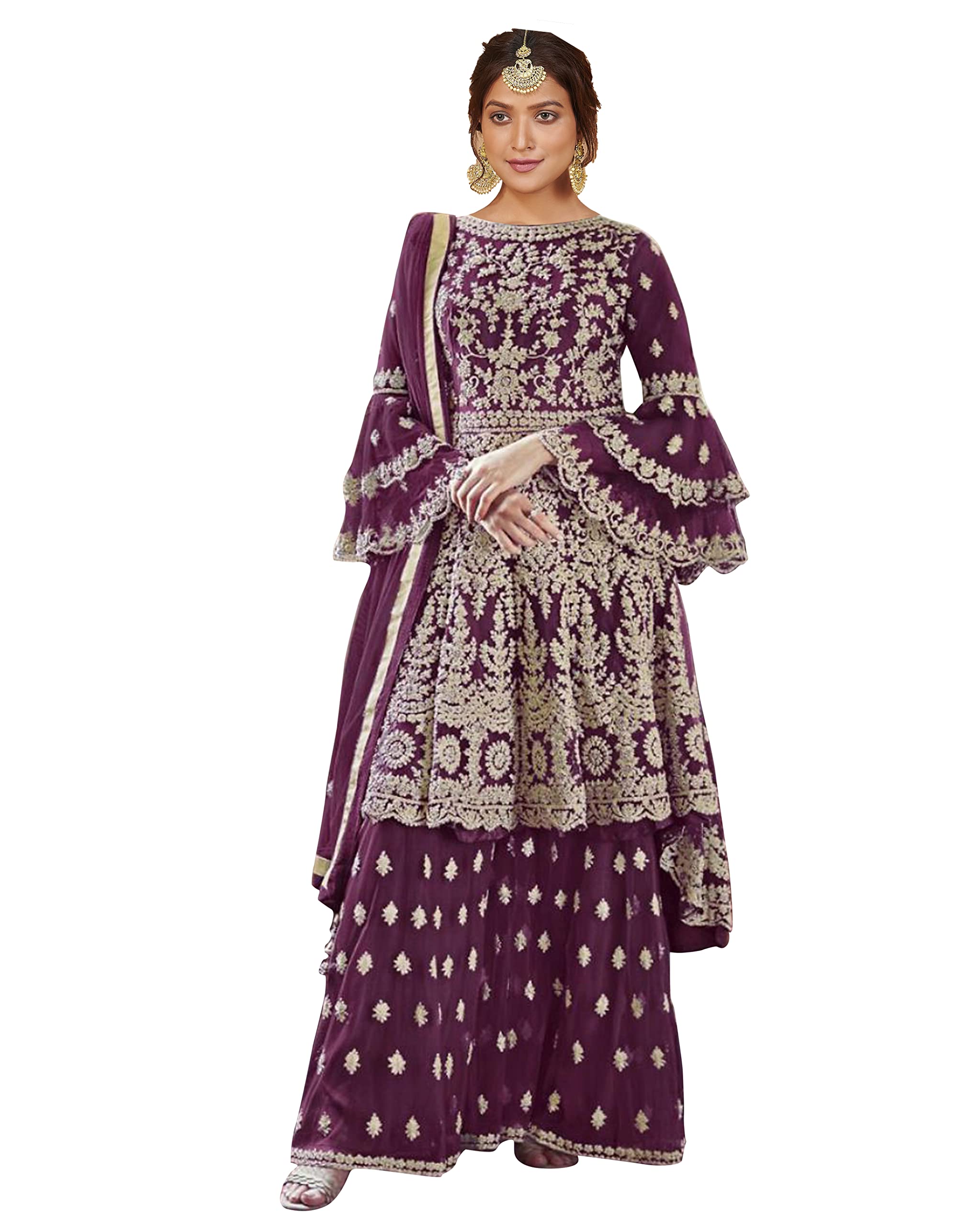 Miss EthnikWomen's Beige Net Semi Stitched Top With Stitched Net Bottom and Net Dupatta Embroidered Flared Top Dress Material (Kurta Palazzo Set) (D-1027)_Free Size