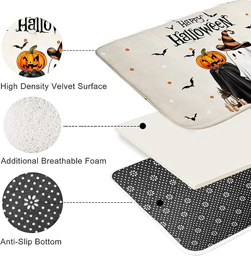 Miniatura 6 de Mocsicka Juego de cortinas de ducha de Halloween para baño, 4 piezas, fantasma, gato, calabaza, juegos de baño con alfombras antideslizantes,