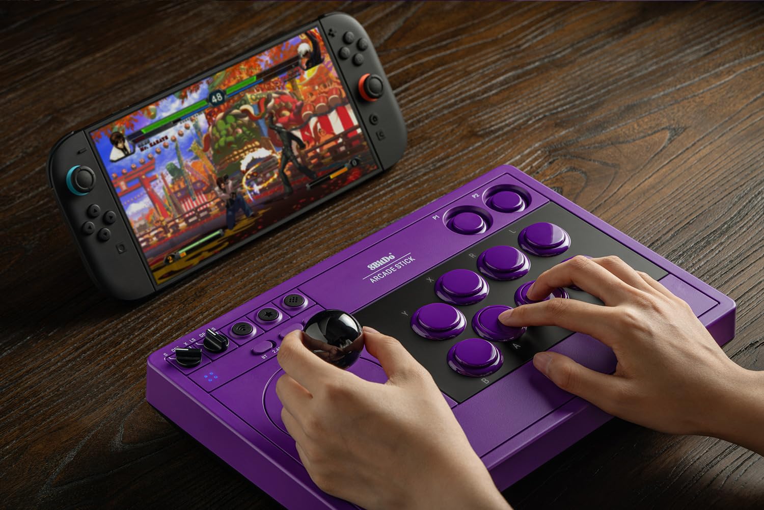 8Bitdo Arcade Stick for Switch/Switch 2 & Windows PC, Wireless Bluetooth, 2.4G Adapter & Wired USB-C Arcade Fight Stick, Dynamic Button Layout, Macro Buttons, Turbo Functionality - Purple