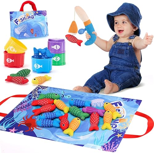 Montessori Toys for 1 Year Old Boy Girl Birthday Gift - 10 in 1 Cloth Fishing Game Toddler Toys with Stacking Cups - Number Counting, Color Sorting Learning