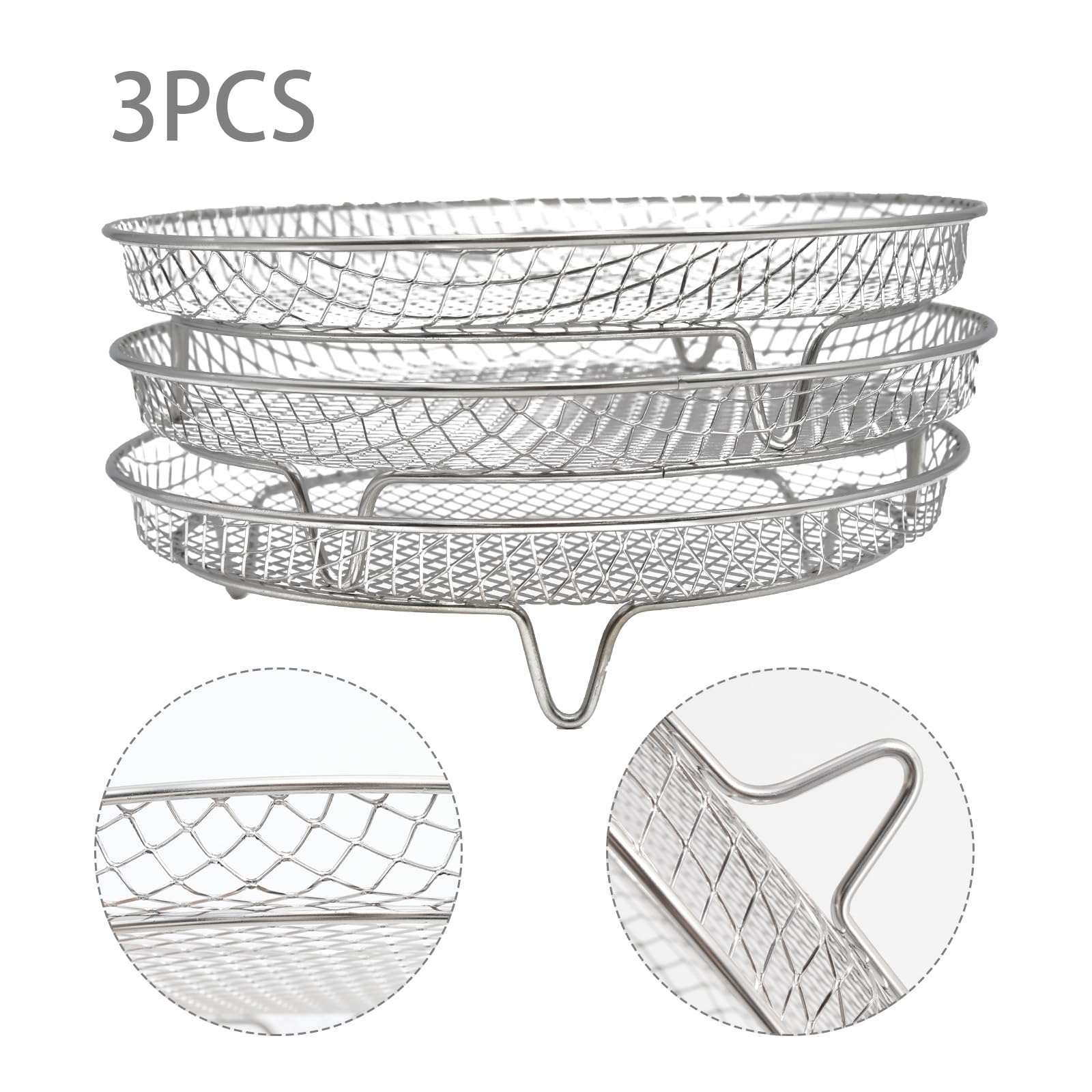 3 estantes para freidora de aire, estantes apilables de acero inoxidable 304, aptos para horno de freidora de aire de 4.2 cuartos de galón a 5.8 cuartos (redondo) 3