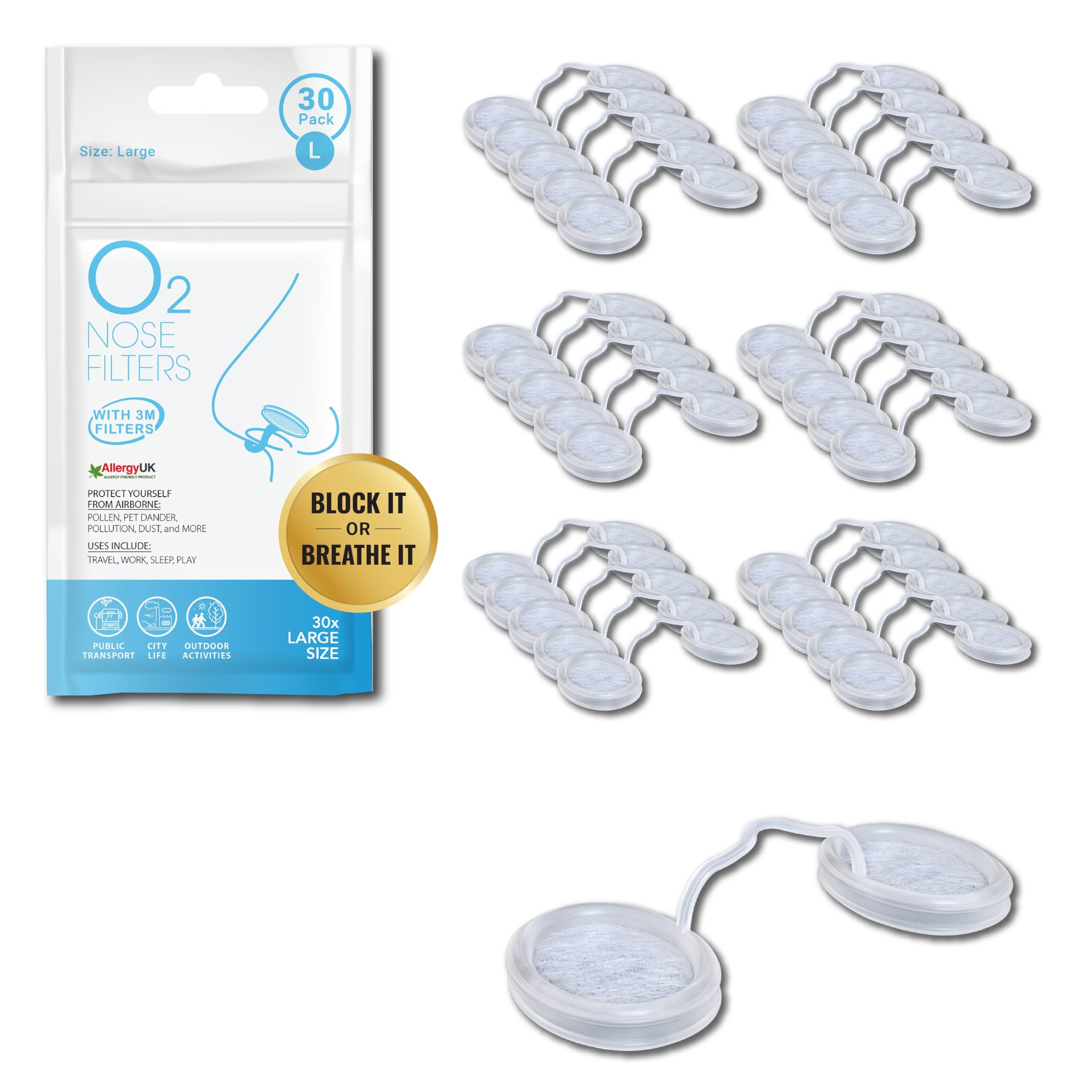O2 Nose Filters with 3M Filtration - Nasal Screens for Allergies, Dust &amp; Smoke - Drug-Free &amp; Latex-Free Nose Filters - Invisible Allergy Protection (Large x 30)