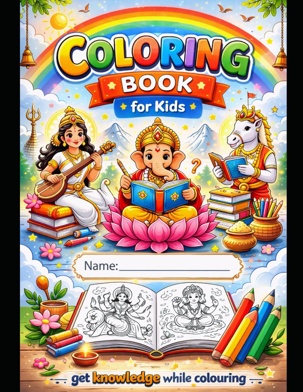Hindu Gods Coloring Book for Kids Ages 3-10: Fun & Easy Coloring Pages with Simple Stories of Ganesha, Krishna, Shiva, Durga, Lakshmi & More | Large 8.5x11 Activity Book