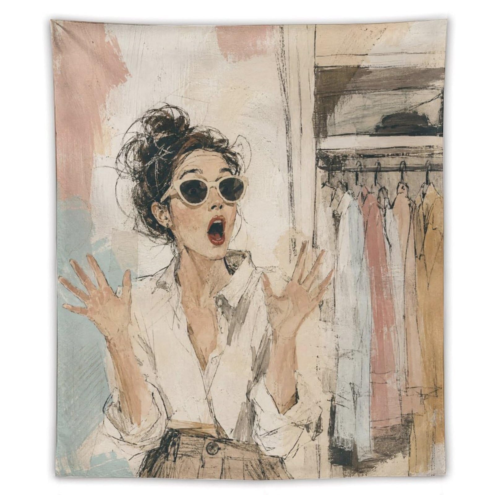 H3B8U2Y5 Surprised Fashion Woman Wall Tapestry, Watercolor, College Dorm