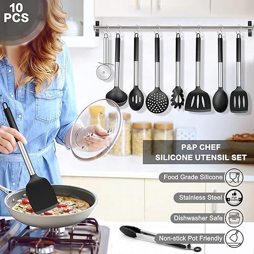 Miniatura 4 de P&P CHEF - Juego de 10 utensilios de cocina de silicona resistente al calor con mango de acero inoxidable, incluye espátula, cuchara, pinzas,