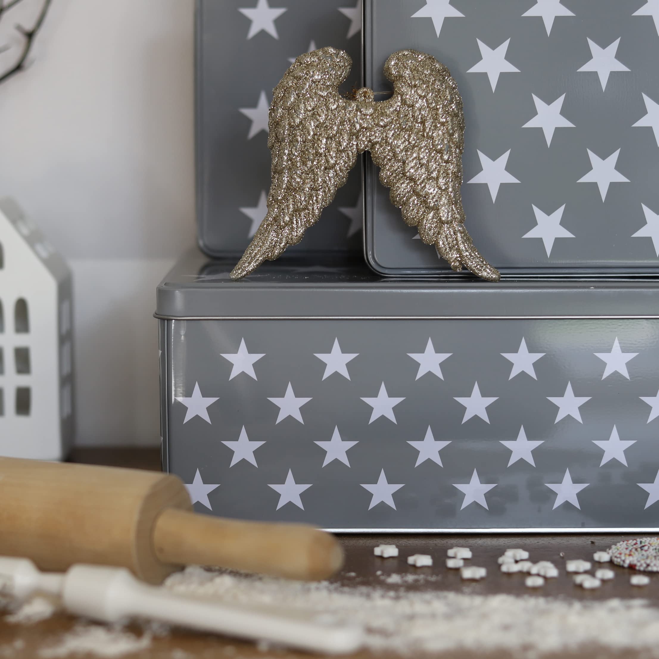 Brandsseller Set di 5 barattoli per biscotti in metallo – Barattoli natalizi con coperchio, contenitori alimentari per biscotti, dolci e pasticcini – Design grigio con stelle