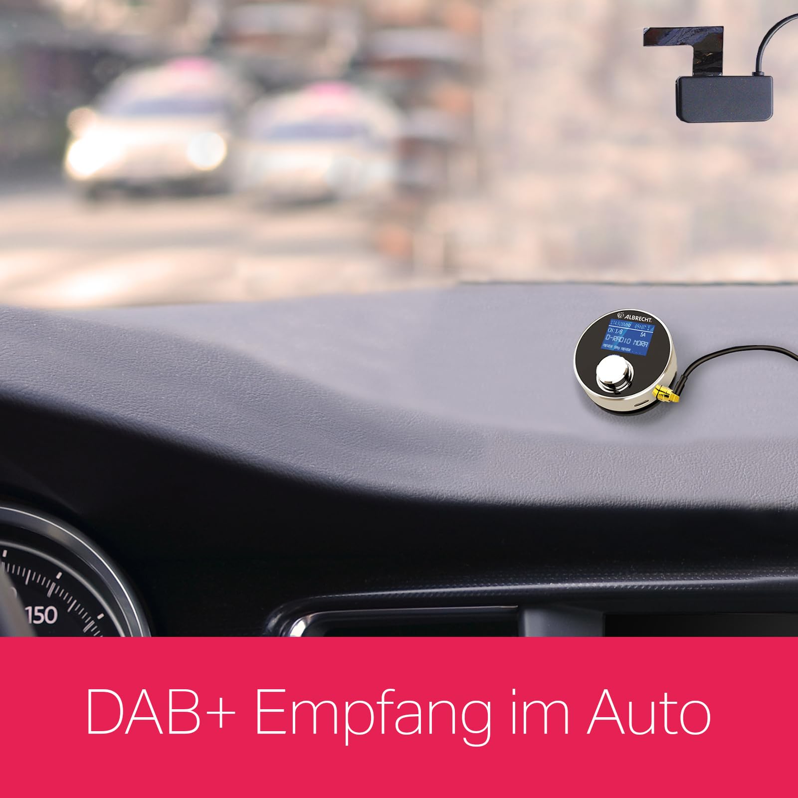 Albrecht DR 54 DAB+ cyfrowy adapter radiowy do radia samochodowego lub salonu, 27259, transmisja bezprzewodowa przez nadajnik FM, wyjście aux, kolor srebrny/czarny, przycisk