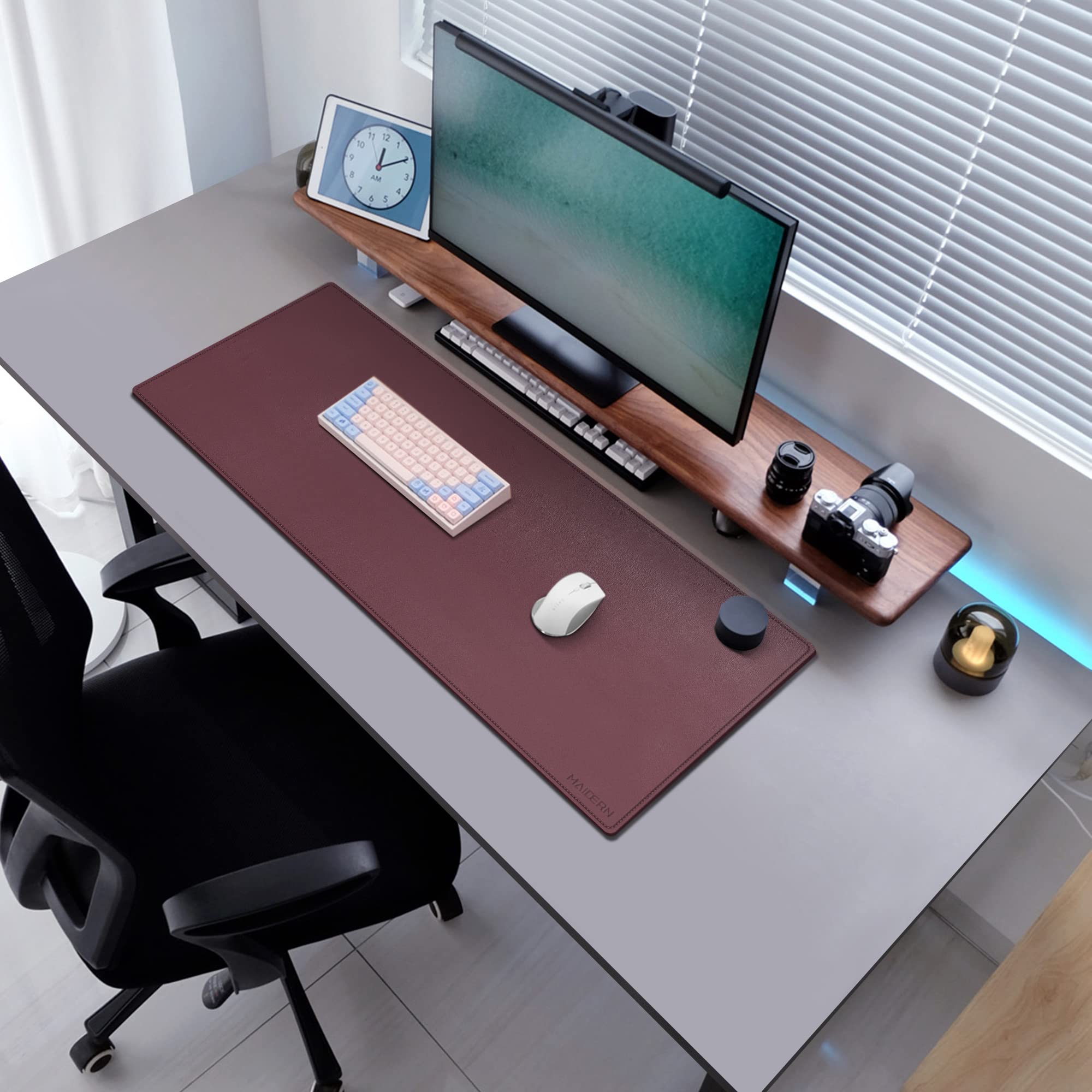 MAIDERN Tappetino Scrivania pelle in Sughero,100x40cm sottomano scrivania bifacciale,Tappetino per Mouse impermeabile e antiscivolo ，per Casa/Ufficio(Rosso vino)