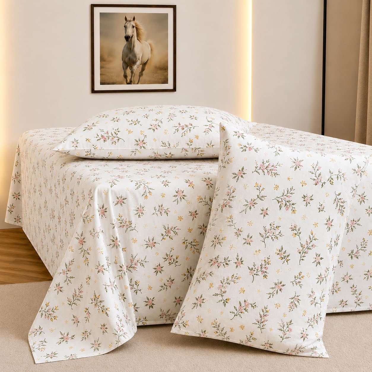 King Size Cotton Bedsheet | 240 TC | Air Cotton Feel | Flat Sheet with 2 Pillow Covers | Soft, Breathable & Comfortable | 254 × 274 cm | White/Green-image-45