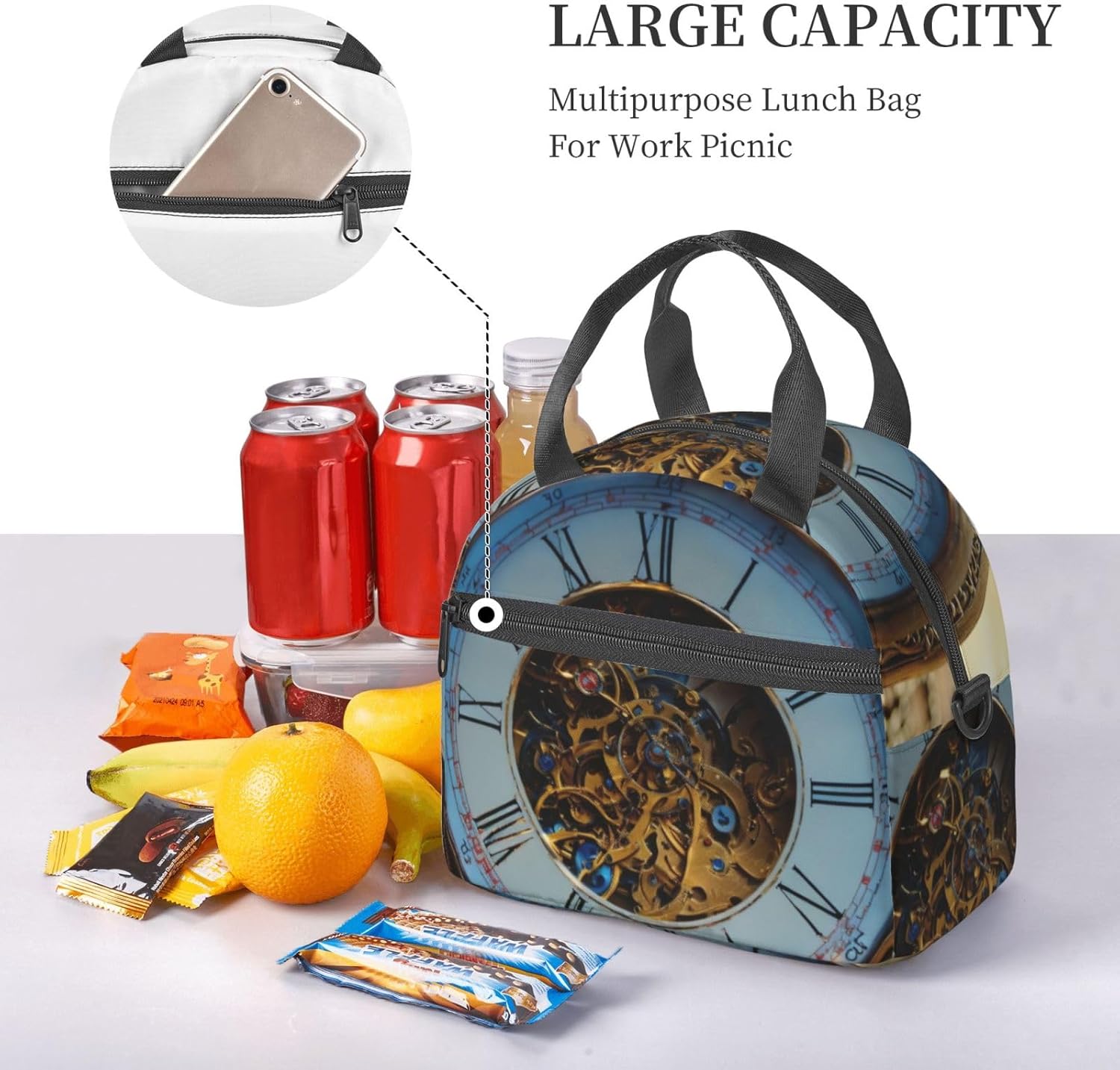 Gears Clock Bronze Century Print Reusable Lunch Bag Insulated Lunch Boxes for Office Work Picnic Tote Bag Adjustable