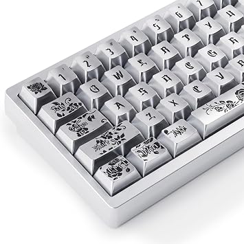 Hyekit Gothic Black Rose PBT Keycaps 130 Keys - Metallic Silver Finish Cherry Profile Keycap Set for Mechanical Keyboard, Dark Aesthetic Themed Custom Keycaps