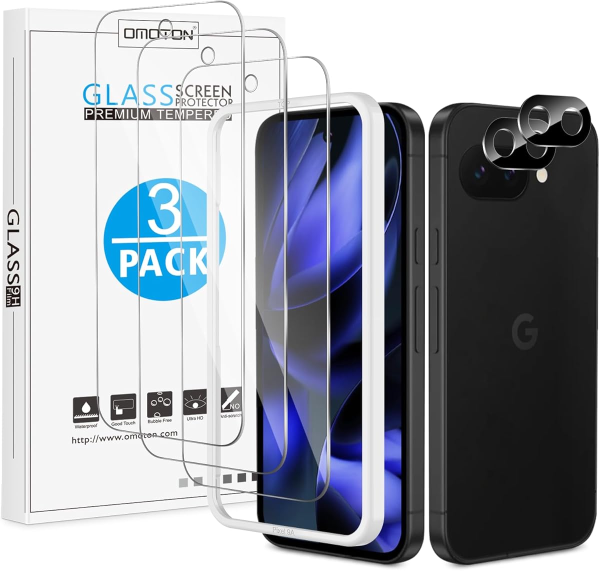 OMOTON 3+2 Pack for Google Pixel 9a Screen Protector, 3 Pack Tempered Glass Screen Protector with 2 Pack Camera Lens Protector for Pixel 9A 6.3 inch 2025 Release, Case Friendly/Fingerprint Support