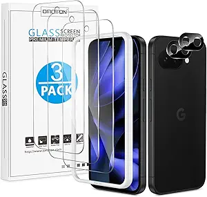 OMOTON 3+2 Pack for Google Pixel 9a Screen Protector, 3 Pack Tempered Glass Screen Protector with 2 Pack Camera Lens Protector for Pixel 9A 6.3 inch 2025 Release, Case Friendly/Fingerprint Support