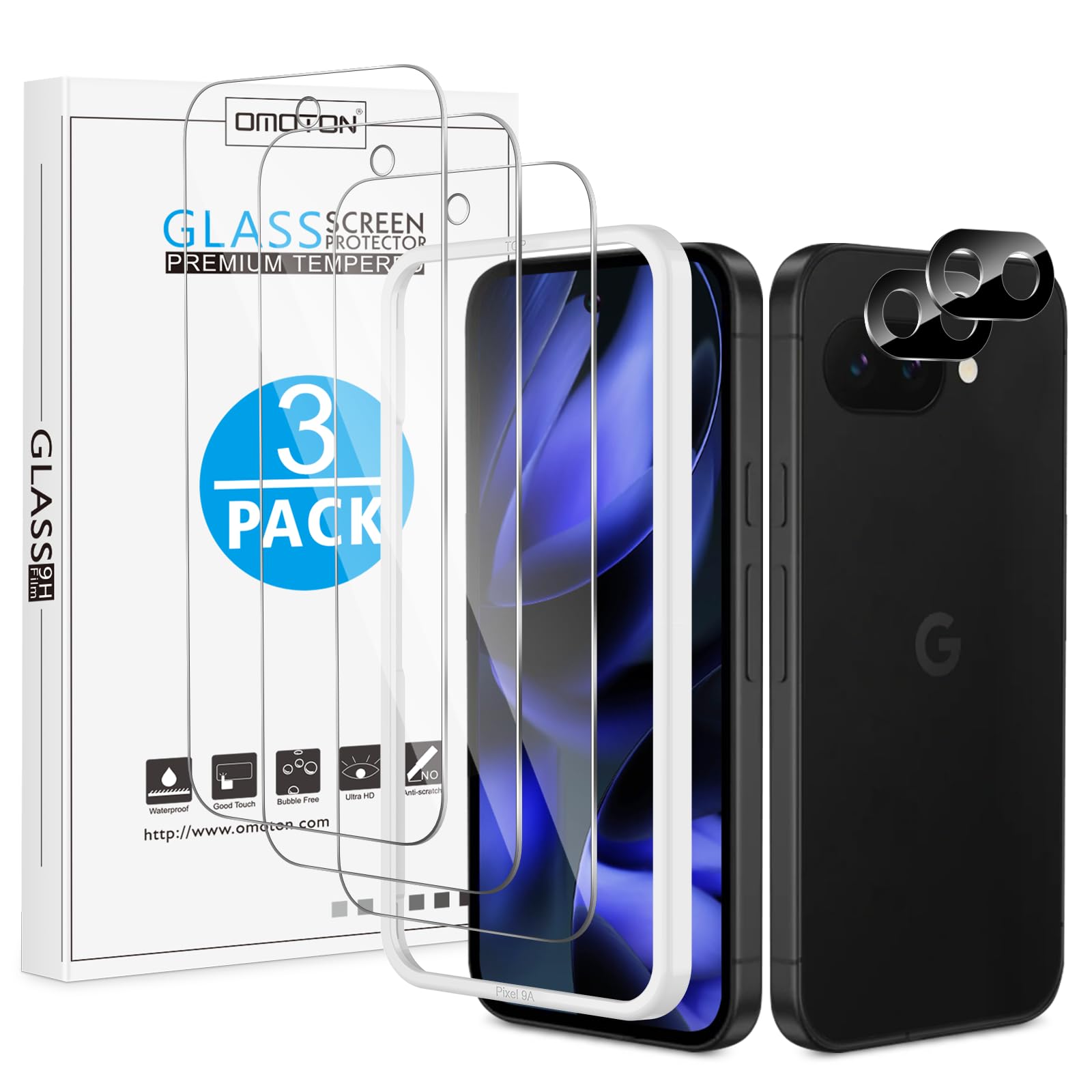 OMOTON3+2 Pack for Google Pixel 9a Screen Protector, 3 Pack Tempered Glass Screen Protector with 2 Pack Camera Lens Protector for Pixel 9A 6.3 inch 2025 Release, Case Friendly/Fingerprint Support