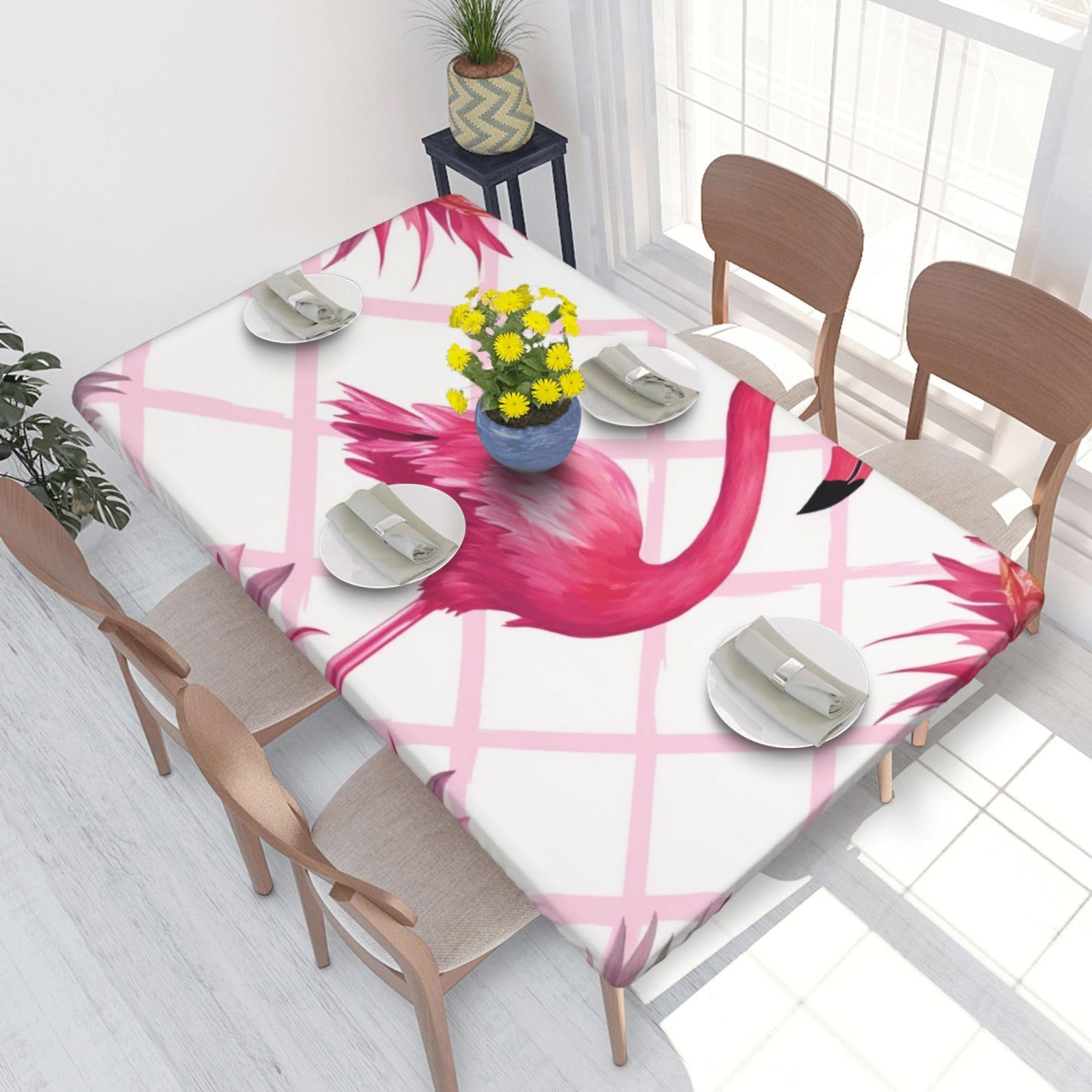 DCARSETCV Flamingo Pineapple stripe Printed 4FT Waterproof Tablecloth with Elastic Edged Protect & Decor Your Table, Oil-proof Washable Table Cloth Cover for Dinner Picnic Party