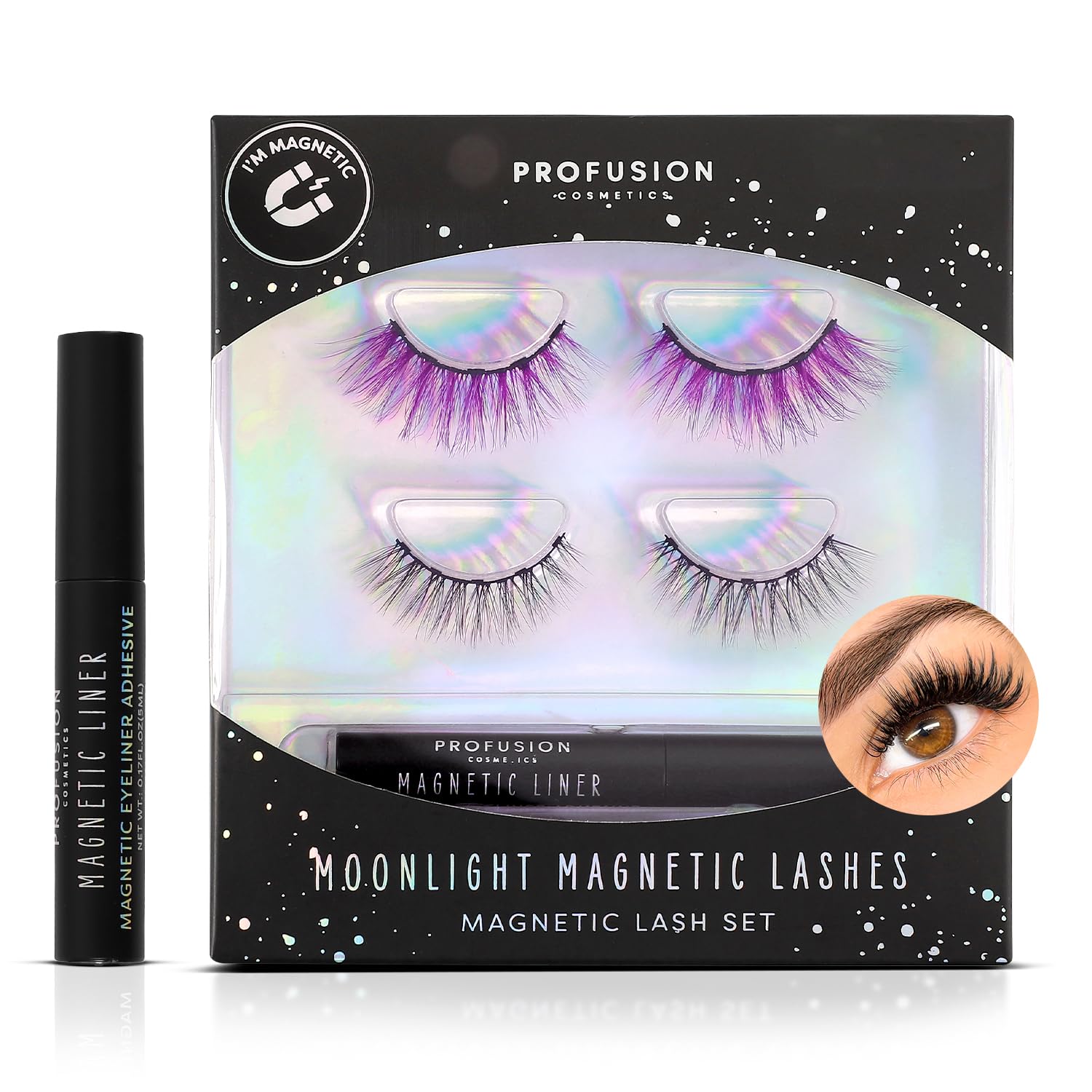 Photo 1 of Profusion Cosmetics Star Child Moonlight 2-Pair Magnetic Lashes with Quick-Dry Magnetic Eyeliner Adhesive – Effortless Application for Instant Mesmerizing Eyes (Black & Purple)