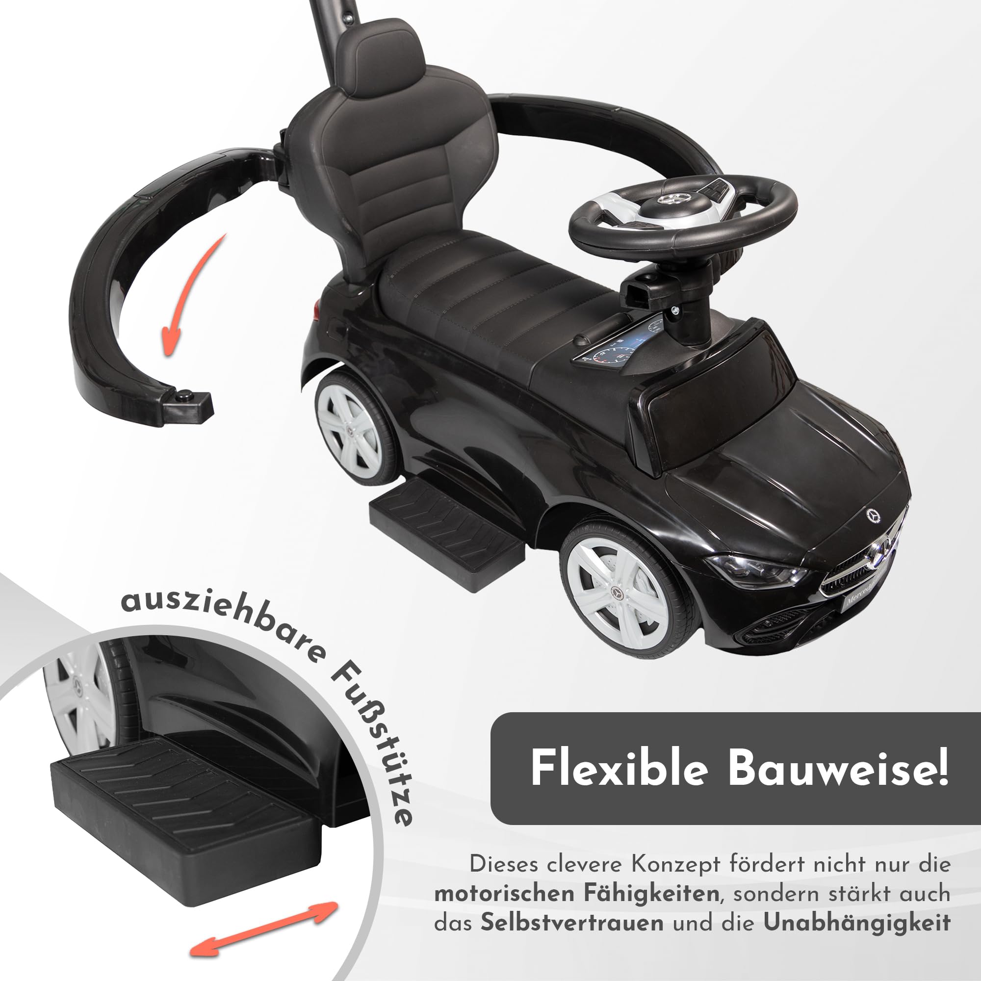 Lemodo Rutschauto schwarz ab 1 Jahr – Rutscherfahrzeug Kinderfahrzeug mit Schiebestange und Sicherheitsbügel, Rutscherauto mit Staufach und Sound-Lenkrad, Lizenziertes Kinderspielzeug von Mercedes