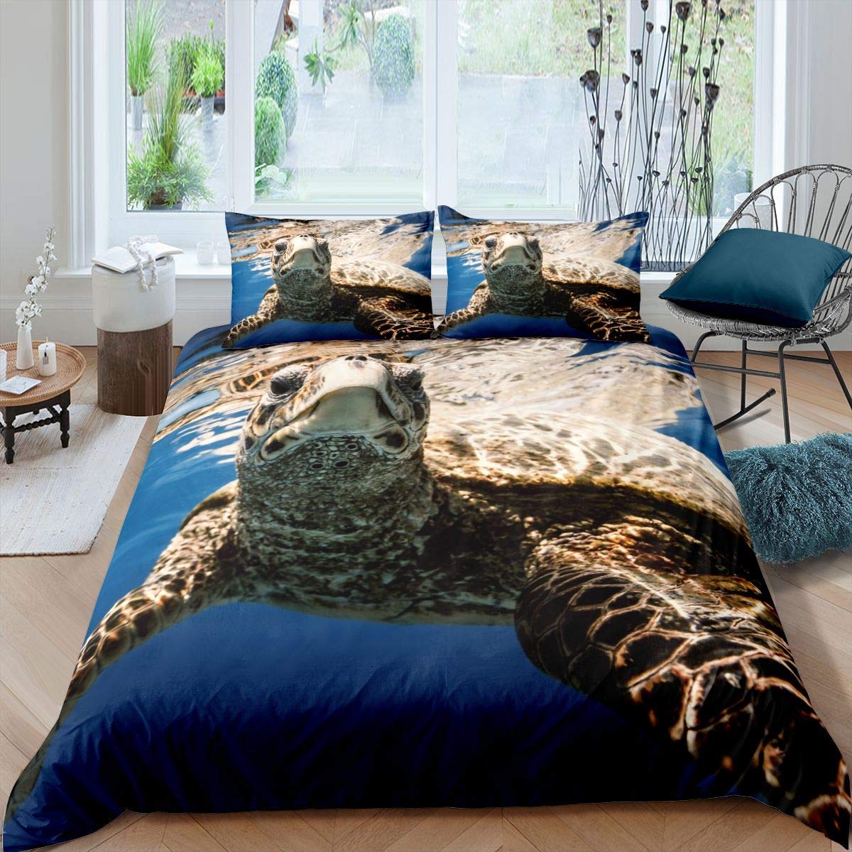 MWMWMW Set Di Biancheria Da Letto Queen Size Con Tartaruga Oceanica – Morbido Piumino 228x228 Cm E 2 Federe – Tema Mare Per Ragazzi