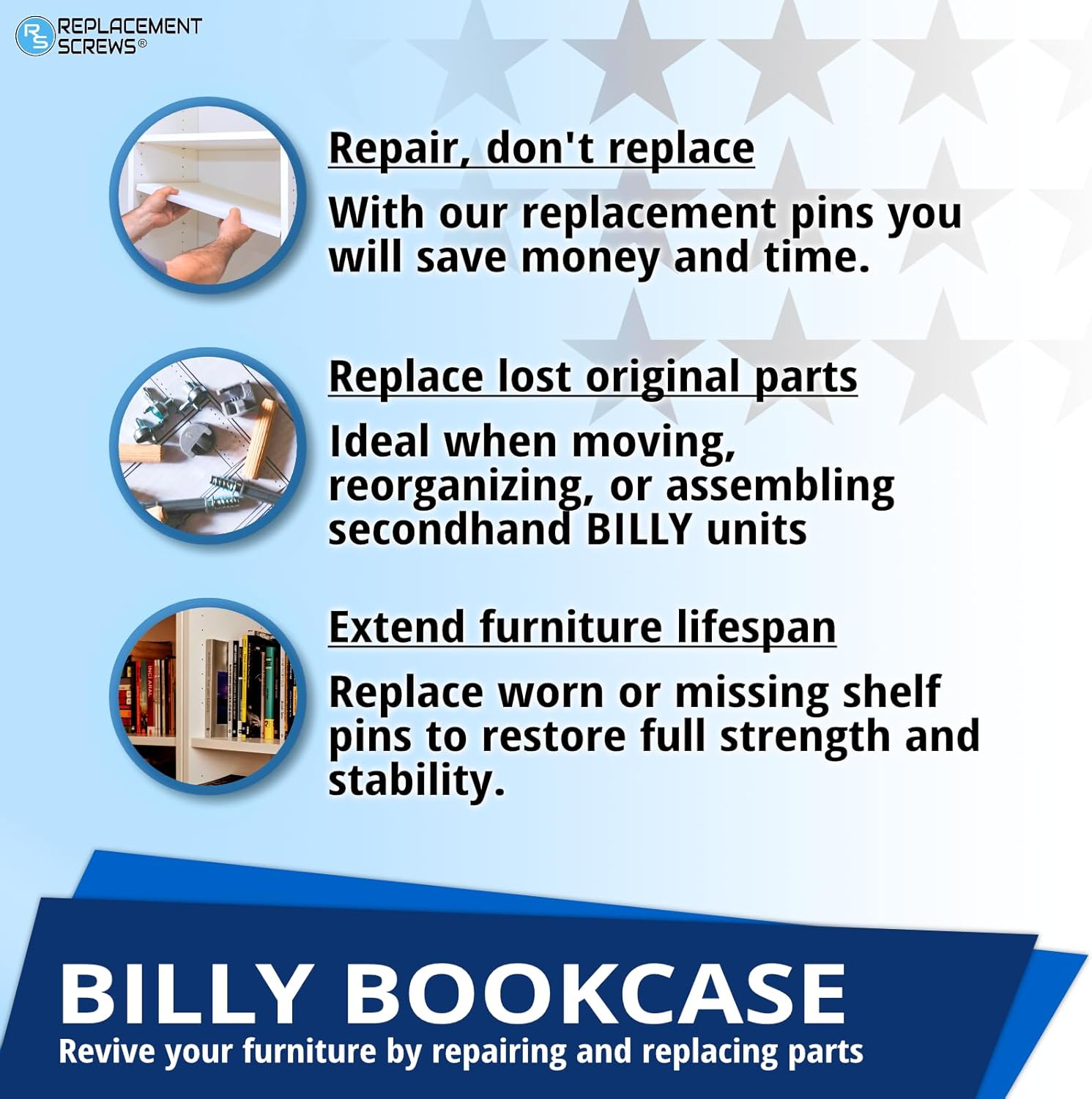 ReplacementScrews 4pcs Billy Bookshelf Pins / Pegs Compatible with IKEA Part 131372 - Zinc Alloy Die-Cast Shelf Supports