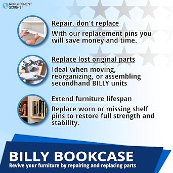 ReplacementScrews Shelf Support Pins Compatible with IKEA Part 131372 | (BILLY Bookshelf), Zinc Alloy Die-Cast Shelf Pegs, Pack of 4