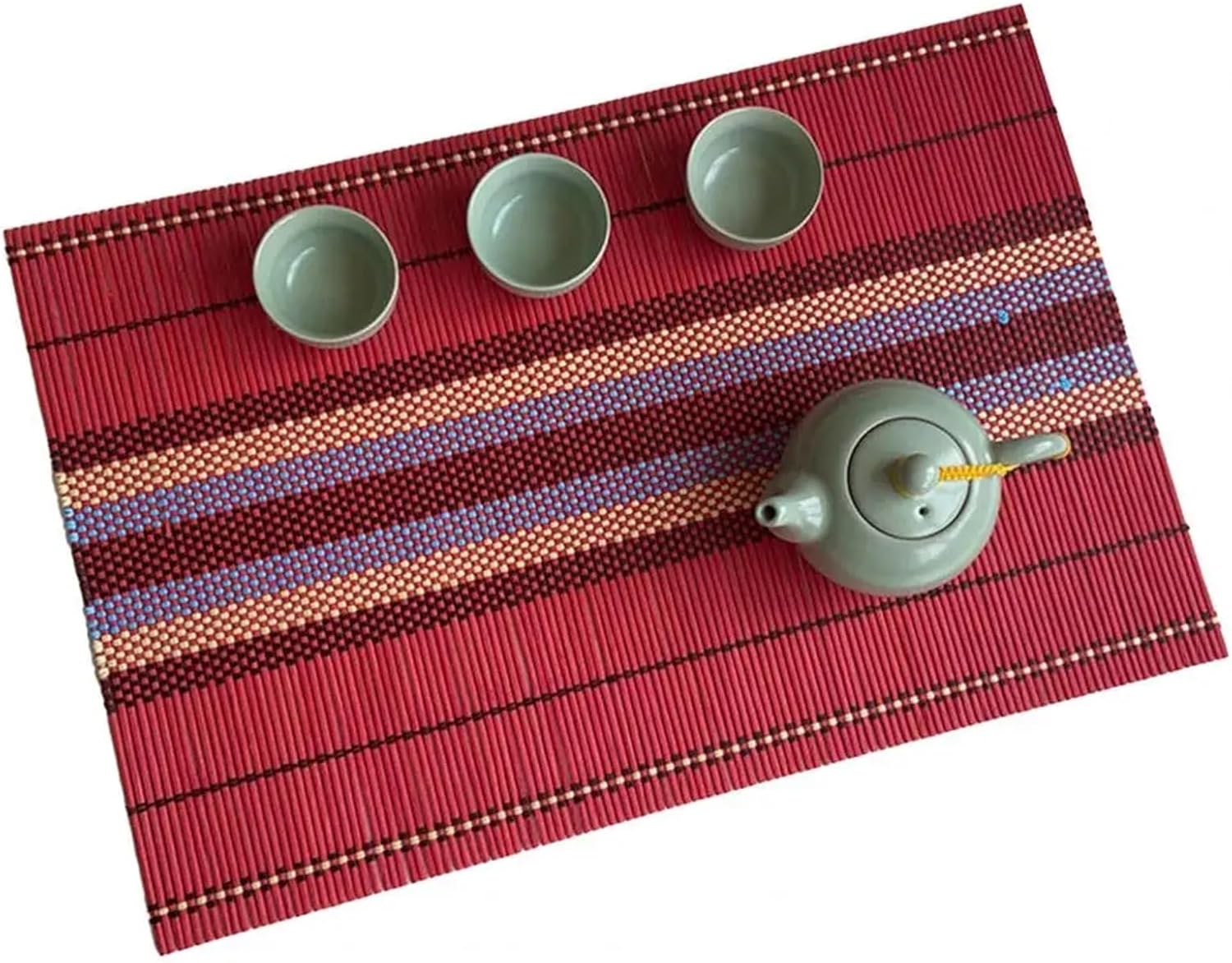 Ethnic Style Table Place Mat Hand Woven Bamboo Placemat Heat Insulation Bowl Tea Cup Mat Anti-Scald Pad Kitchen(Red)