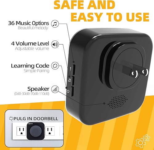 Miniatura 6 de Timbre inalámbrico de 1200 pies, impermeable, timbres y timbres inalámbricos con luz LED flash, 36 melodías, 4 niveles de volumen para oficina en