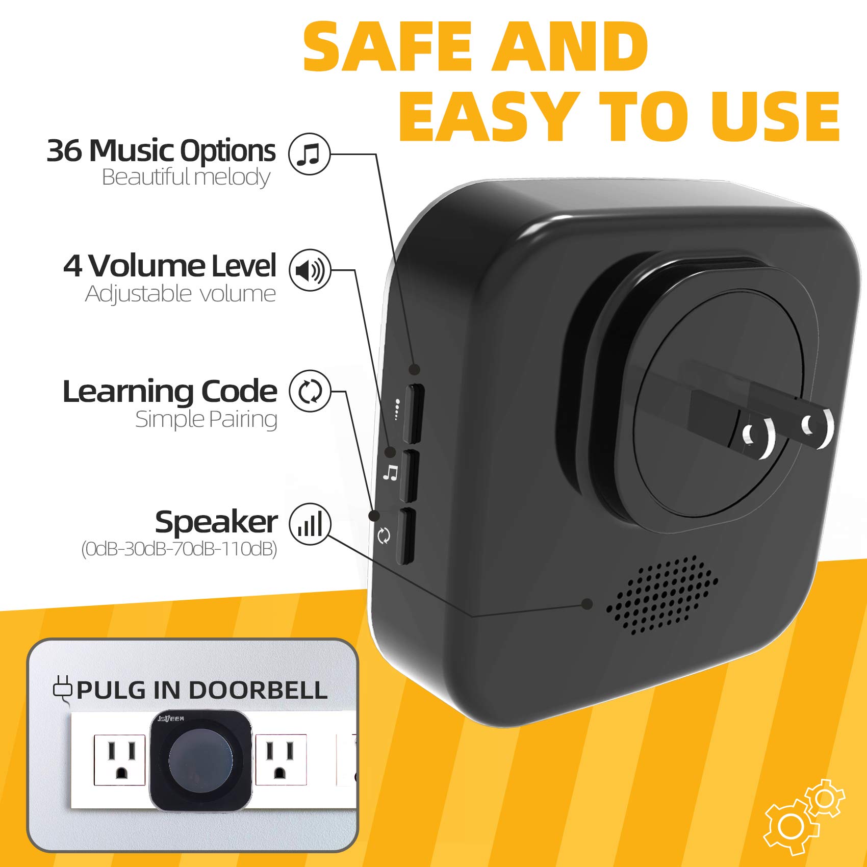 Timbre inalámbrico  - Timbre de puerta impermeable de 1200 pies, con luz LED de destello 36 melodías, 4 niveles de volumen para oficina en casa (2 receptores y 1 botón táctil, negro) 6