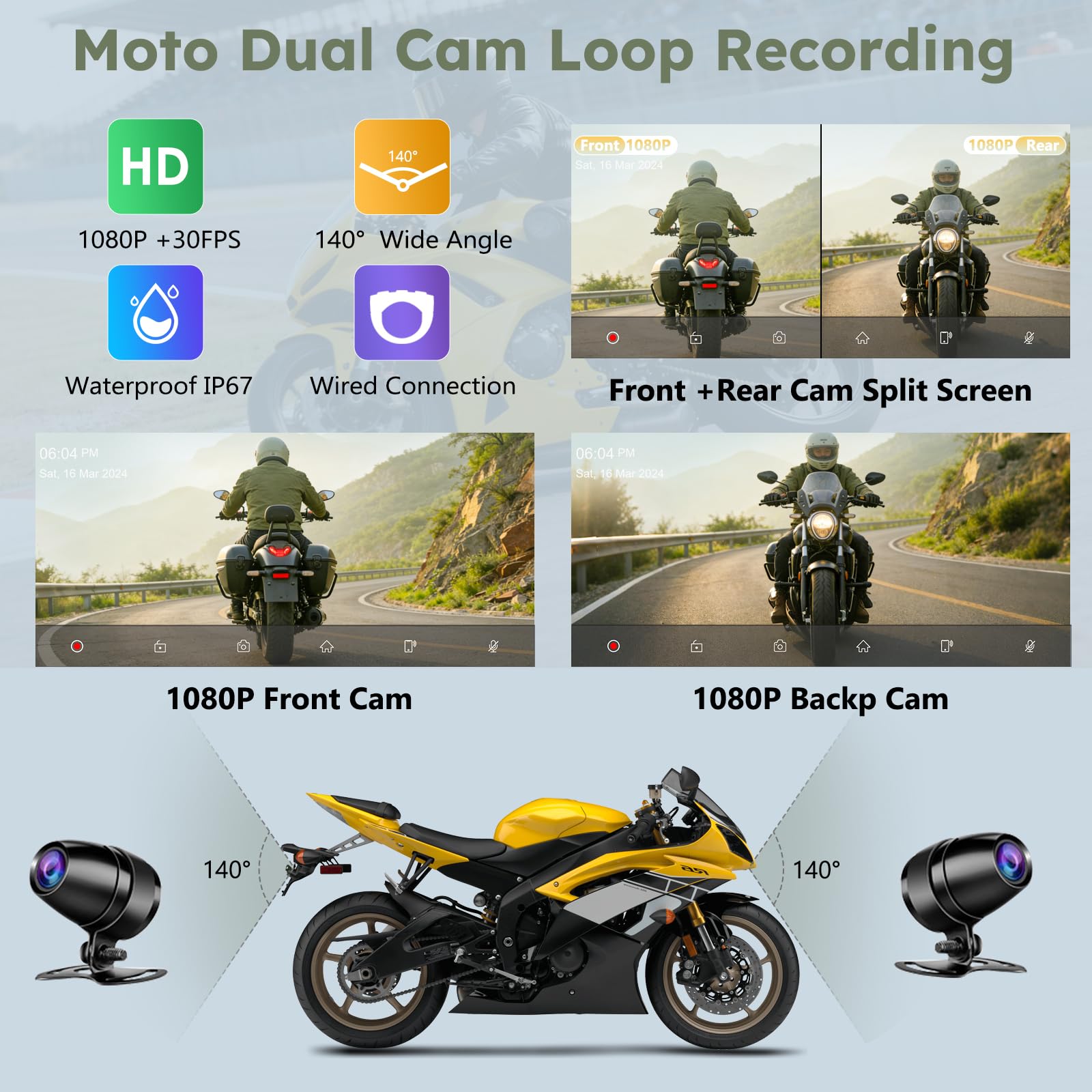 Carpuride Schermo da moto GPS carplay da 6.3 pollici senza fili CarPlay e Android Auto per Moto, con doppia fotocamera e TPMS, telecomando, IP67 impermeabile, BT Aduio, registrazione loop