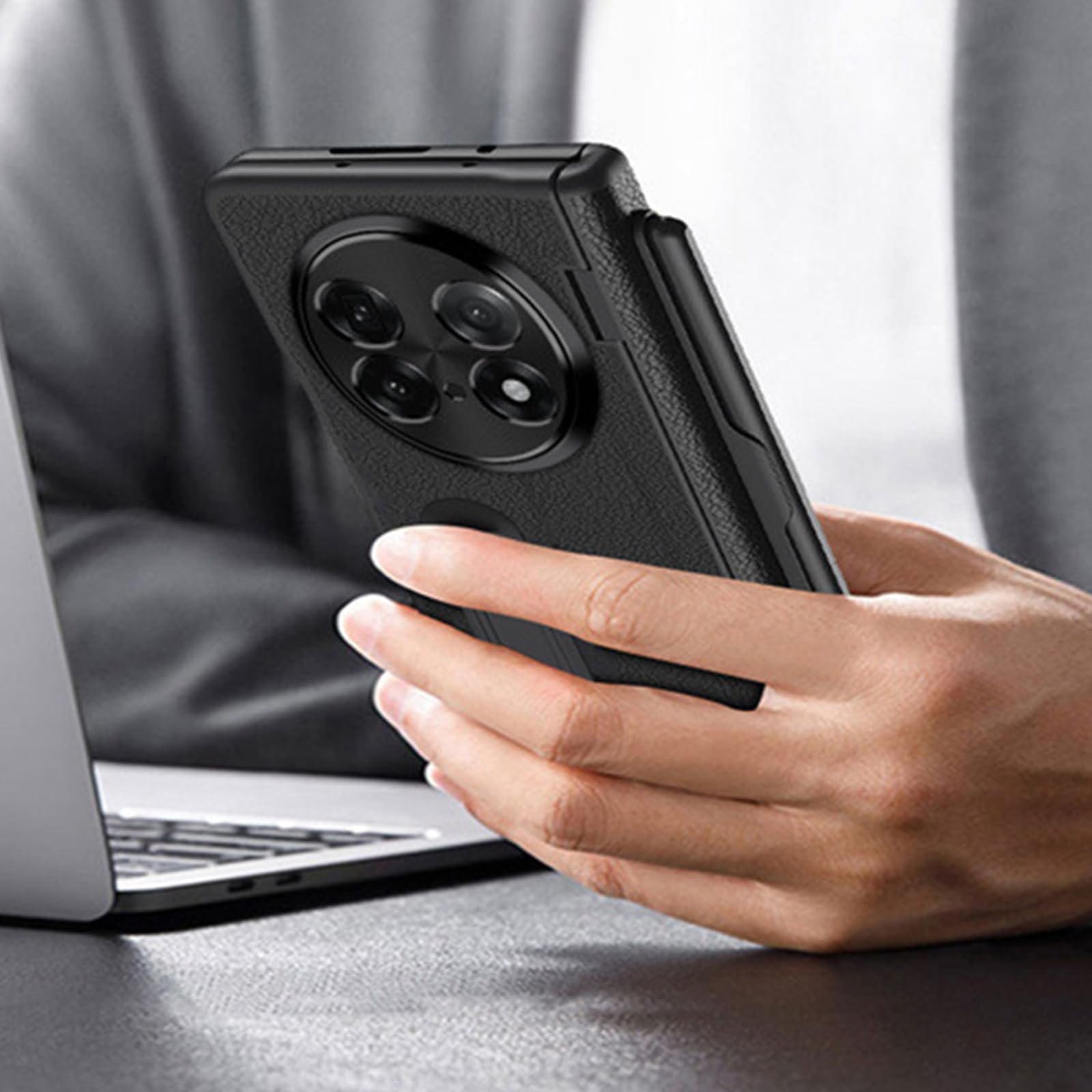 Odporny na wstrząsy futerał do Oppo Find N5, smukły skórzany pokrowiec z uchwytem na długopis stojak ochrona aparatu zawias odporny na zarysowania twarda obudowa, czarny, Find N5