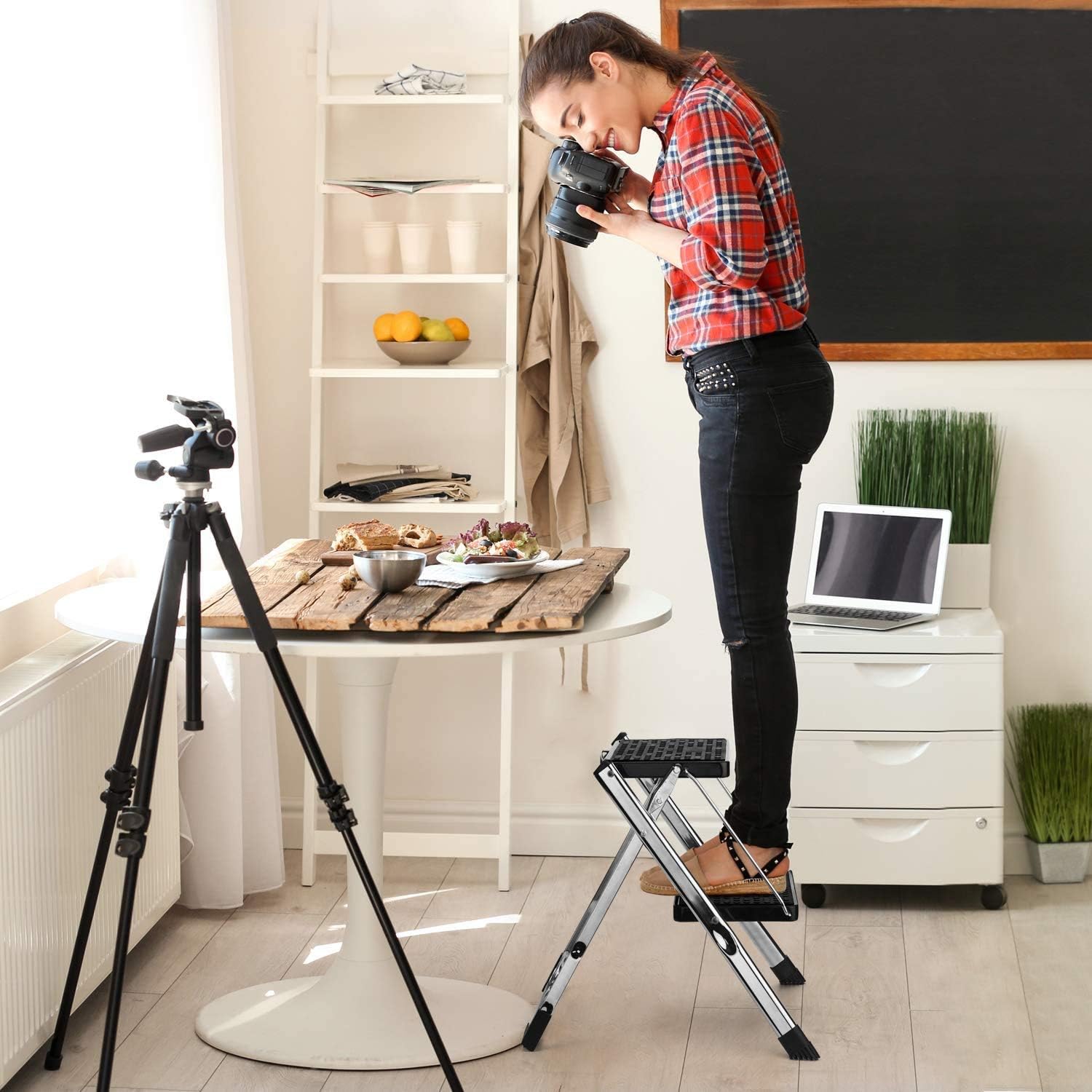 Delxo 2 Step Stool Stepladders Lightweight White Folding Step Ladder with Handgrip Anti-Slip Sturdy and Wide Pedal Steel Ladder Mini-Stool 250lbs 2-Feet (2 Step Stool-Gray)