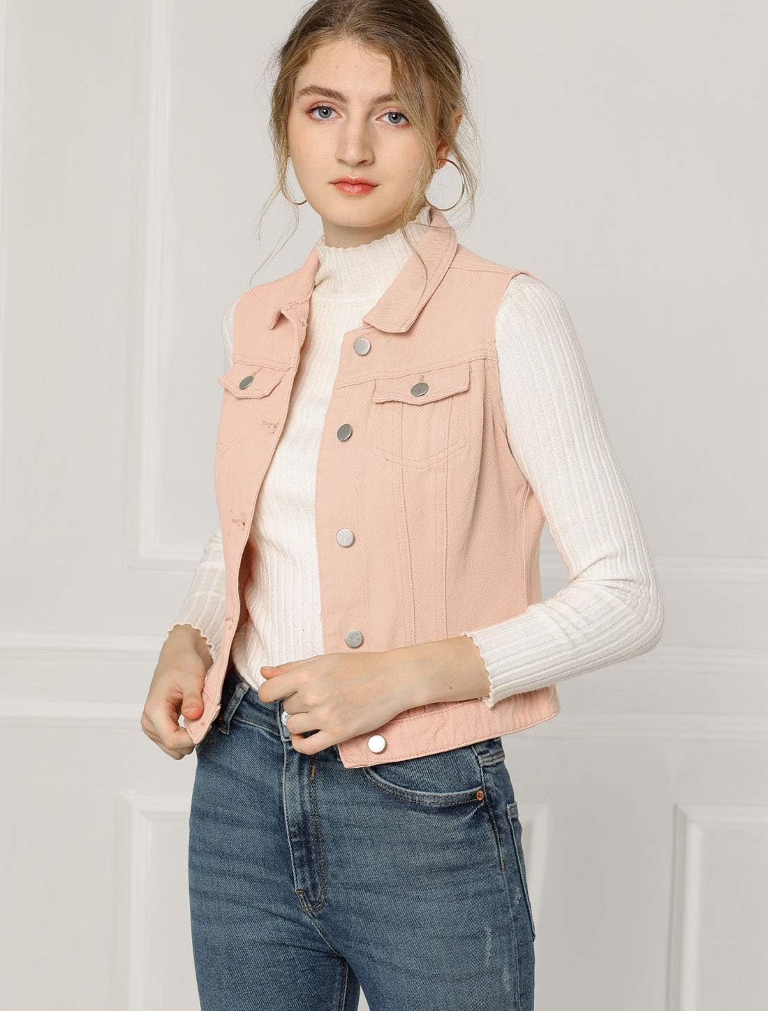 Allegra K Women's Buttoned Washed Denim Vest Jacket W Chest Flap Pockets - Image 4