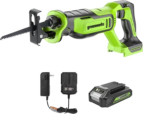 Greenworks Sierra recíproca compacta de 24 V sin escobillas de 1 pulgada (3,000 SPM), batería de 2.0 Ah y cargador compacto incluidos
