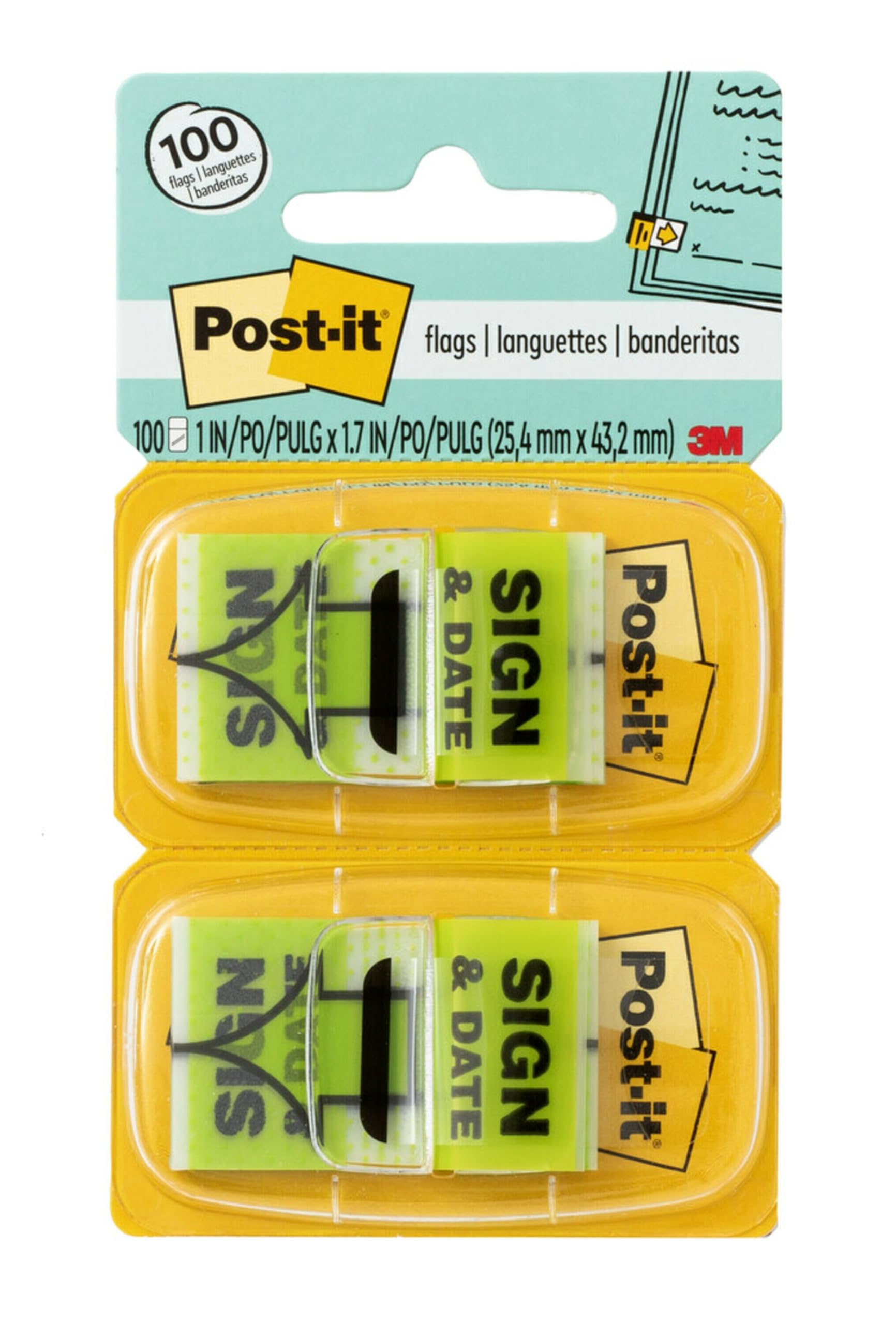 Post-it Message Flags, Sign and Date, Bright Green, 1-Inch Wide, 50/Dispenser, 2-Dispensers/Pack