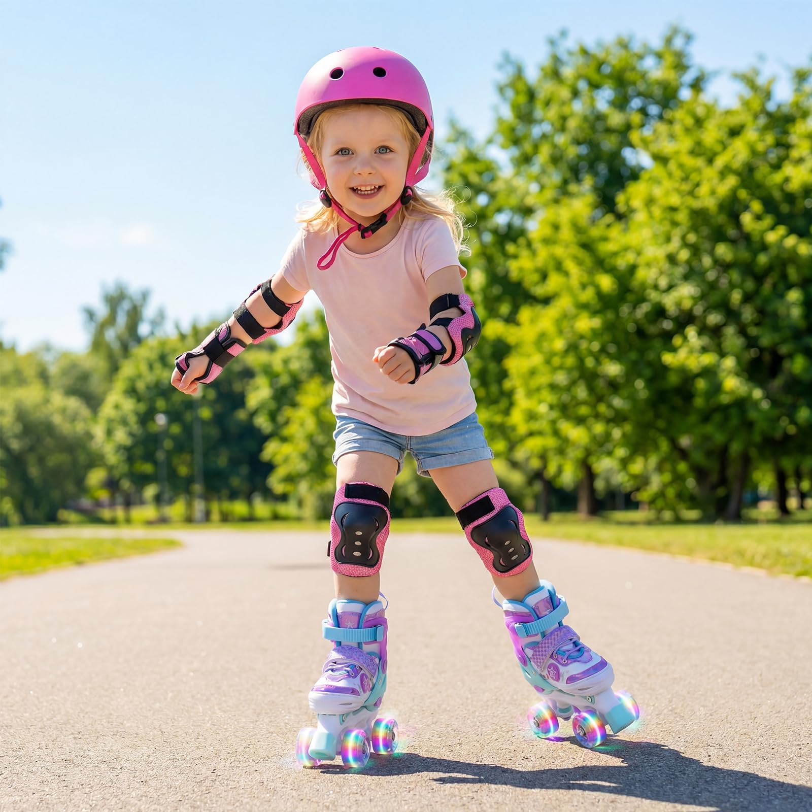 COSTWAY Rollschuhe Kinder 4 Größen verstellbar, Quad Skates mit leuchtenden LED Rädern, Kinderrollschuhe, Roller Skates Drinnen & Draußen für Jungen, Mädchen & Anfänger ab 5 Jahren