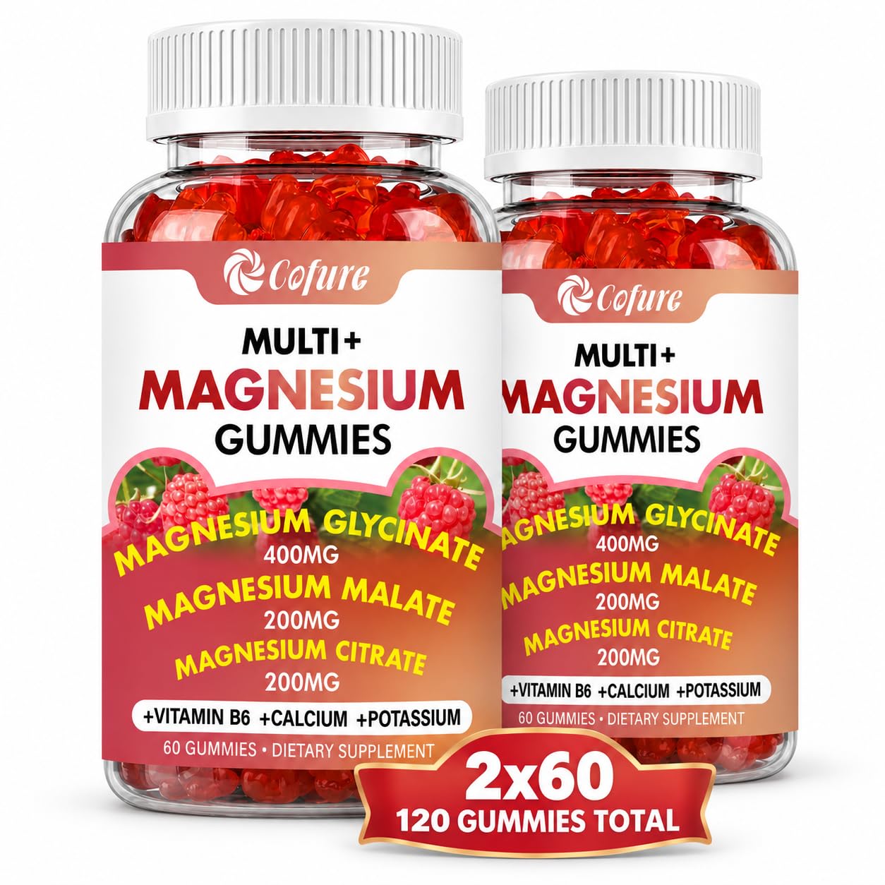Cofure Suplemento de Magnésio em Gomas com Glicinato, Citrato e Malato, Potássio, Cálcio e Vitamina B6, Sabor Framboesa, 240 gomas