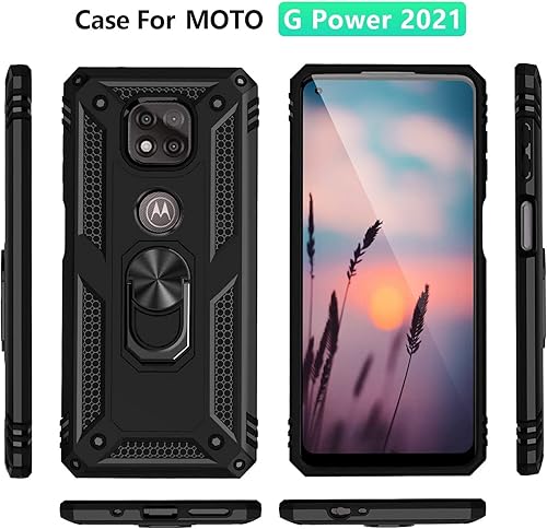 Miniatura 4 de TJS Funda compatible con Motorola Moto G Power 2021, con protector de pantalla de vidrio templado, anillo de metal con soporte magnético, funda