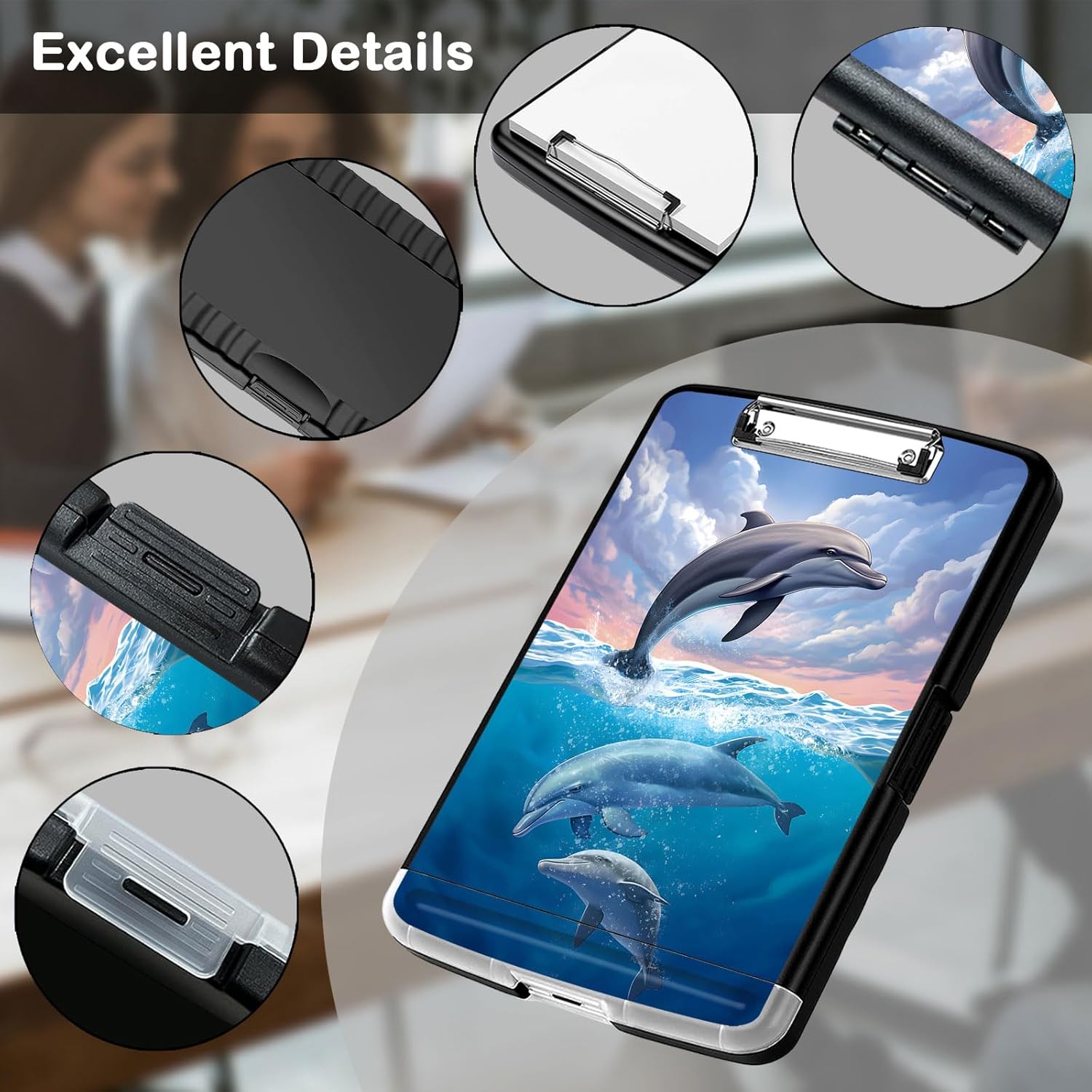 Clipboard with Storage,Office Supplies Nursing Clipboards Folder with Pen Holder Plastic Storage ClipBoard Foldable for Teacher Nurse,Cute Dolphin