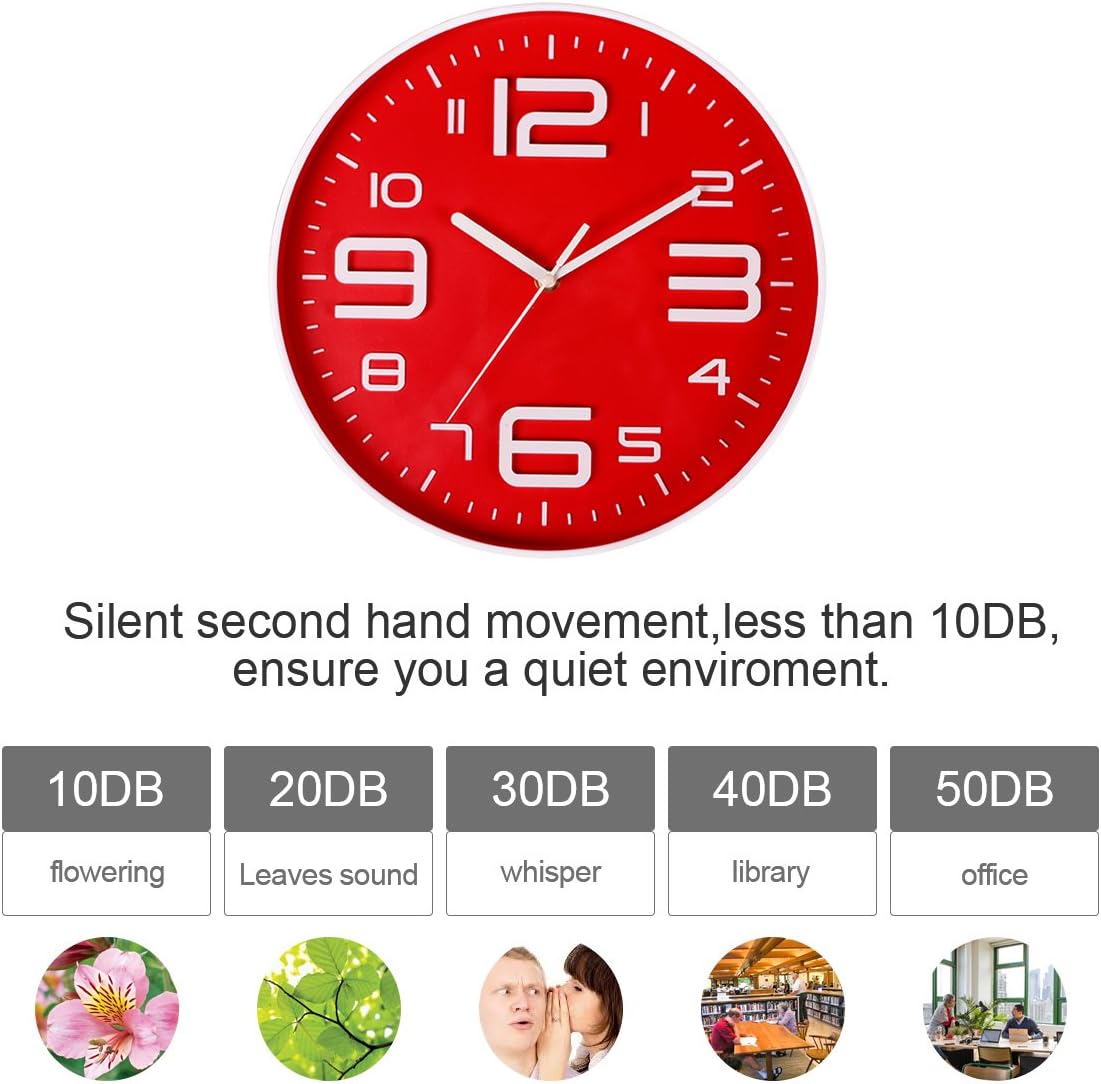 SonYo Indoor Big 3D Number Quartz Silent Non Ticking Wall Clock Quiet Sweep Movement Decorative Battery Operated 10 Inch Red