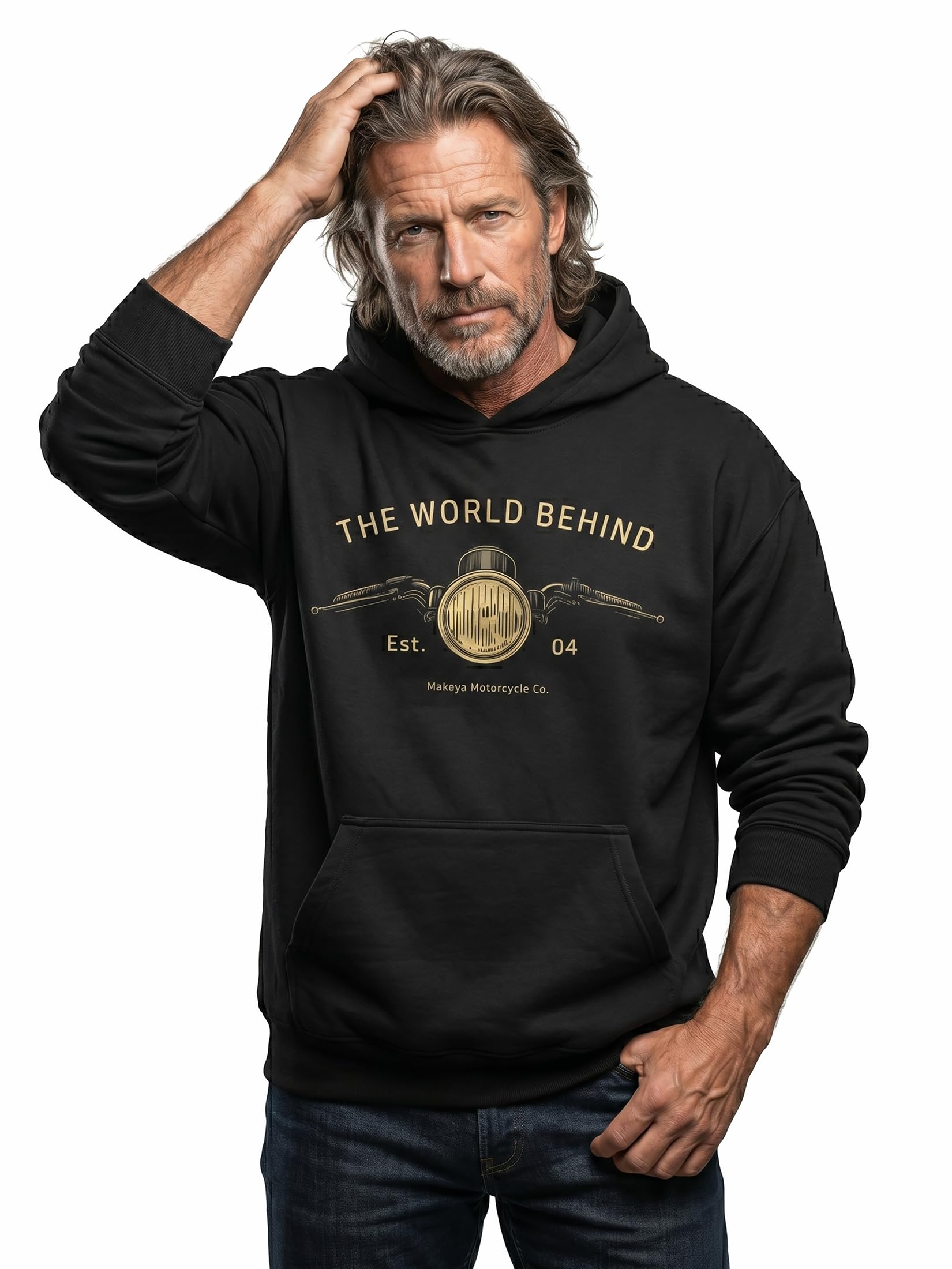 MAKAYA bluza z kapturem męska motocyklowa biker styl cafe racer hoodie z nadrukiem