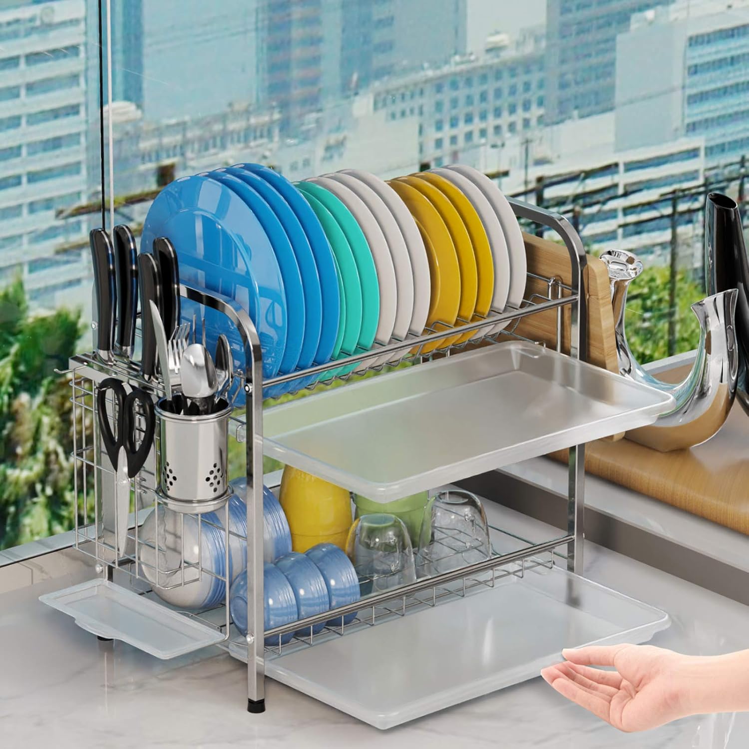 F-color Dish Drying Rack, 2 Tier Dish Rack for Kitchen Counter, 304 Stainless Steel Dish Drainer with Drain Board, Utensil Holder, Cutting Board Holder, Silver