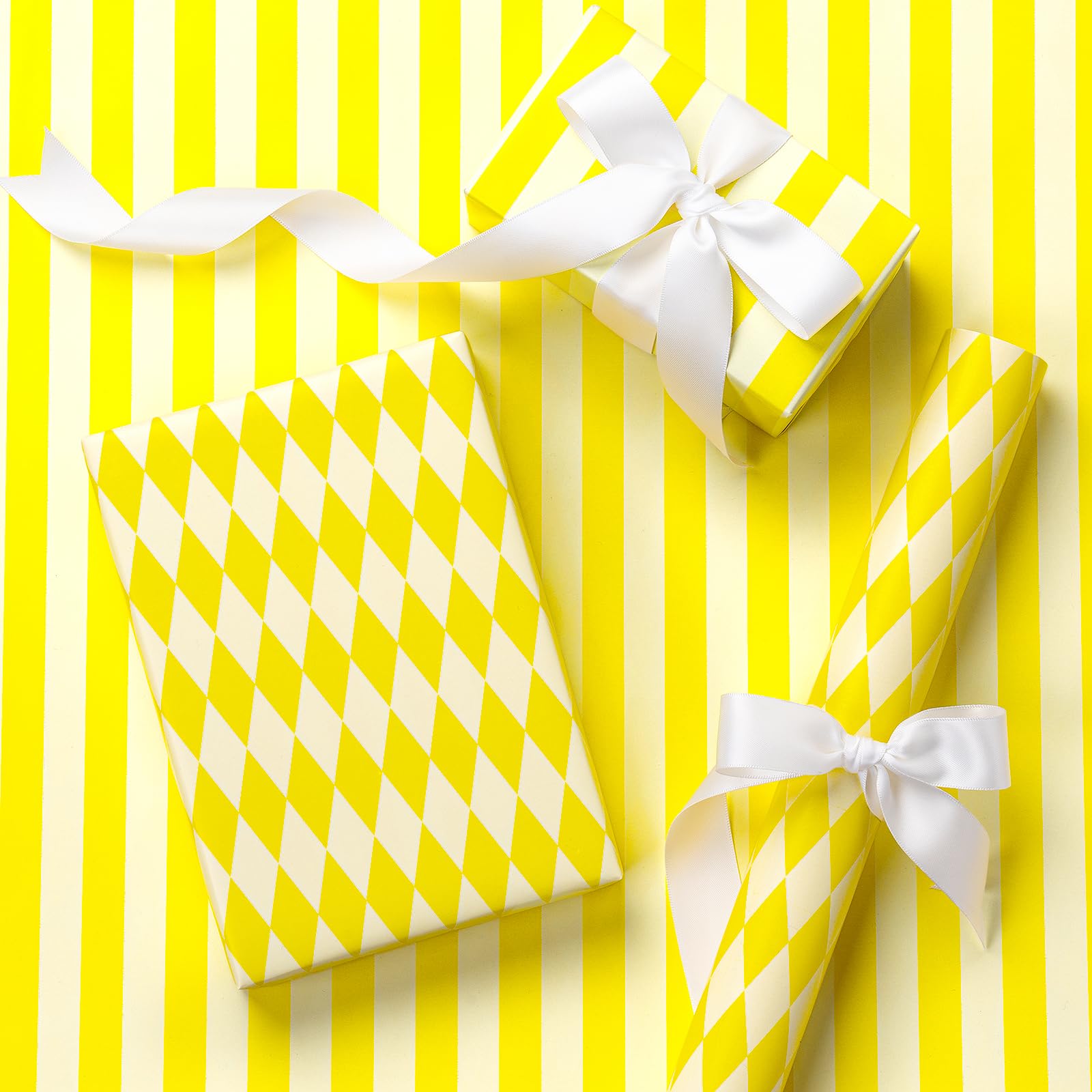 RUSPEPA Mini Reversible Gift Wrap Roll - Yellow & White Stripes/Diamond Design, 43.2cm x 5m - Perfect for Birthday, Wedding, Easter, Spring, Baby/Bridal Showers — image 1