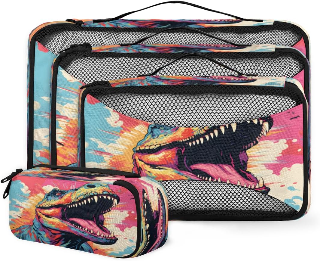 Packing Cubes for Travel Accessories with Double Zipper and Mesh Top 4 Piece Waterproof Funny Cool Dinosaur Suitcase Luggage Organizer Bags for Clothes Shoes Cosmetics