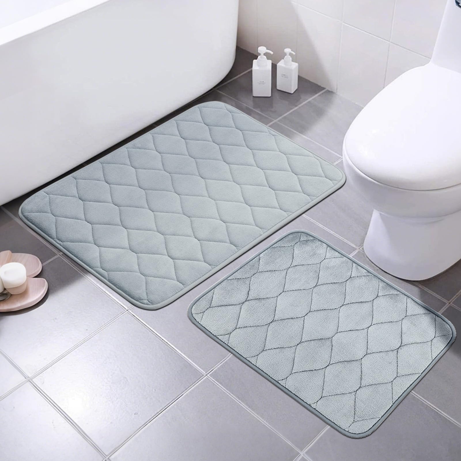 2Pcs Bathroom Rugs Set Memory Foam Bath Mat Set Soft Absorbent Non-Slip Bathroom Mats Machine Washable Quick Dry