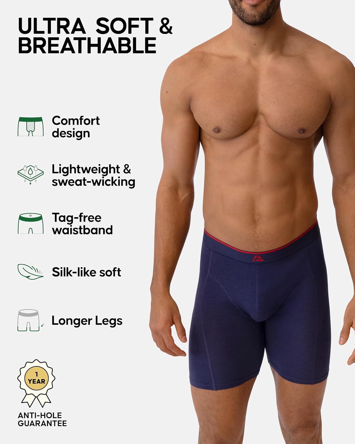 DANISH ENDURANCE Viscose Extra Long Boxer Briefs for Men, Breathable Underwear for Everyday & Sport, 3 or 6-Pack