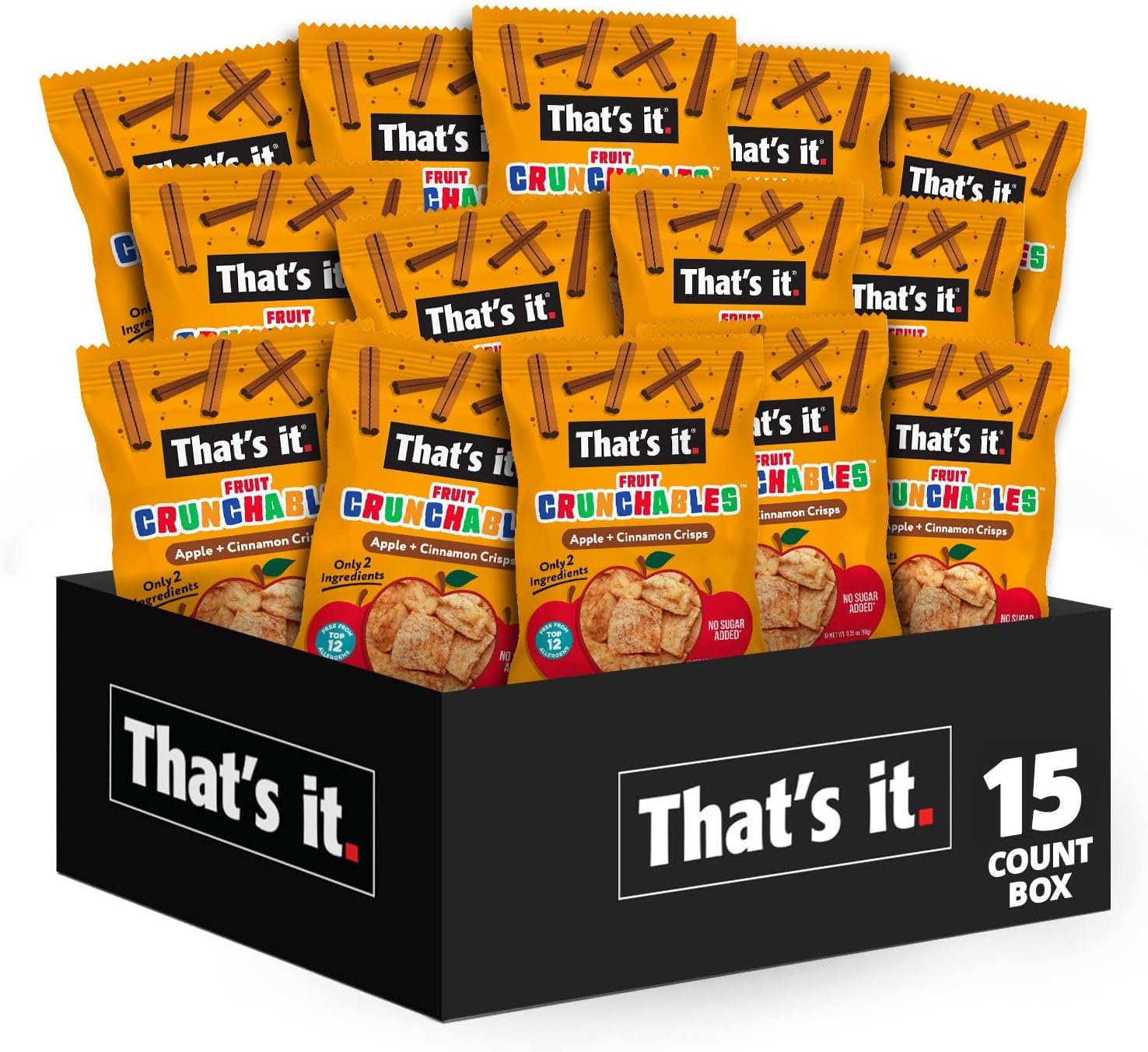 That’s it. Fruit Crunchables Apple + Cinnamon Crisps, 15-Pack – 100% Plant-Based Fruit Snacks for Kids, Non-GMO, Gluten-Free, No Added Sugar, Allergen-Free, Healthy Lunchbox Snack for Kids & Adults