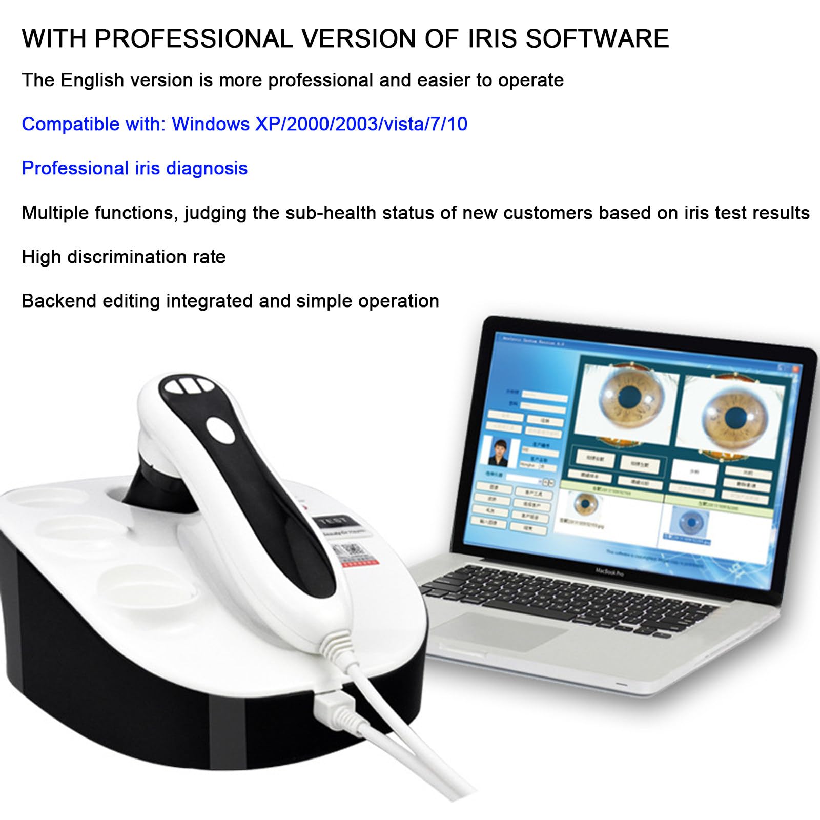 Iriscope USB per PC - Telecamera Iridologica Zoom 8MP, Analisi delle lenti dell'iride HD 30x Software per l'iride inglese Pro per Archiviazione/Confronto, Strumento Diagnostico Medico
