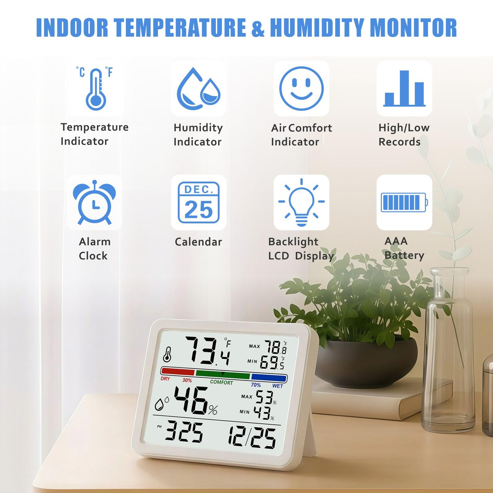 Digital Thermometer Hygrometer, Plumeet Indoor Wall Thermometer with Backlight, Digital Alarm Clock, Date, Air Comfort Indicator, Max Min Record, Desktop Thermometer for Home, White - 3