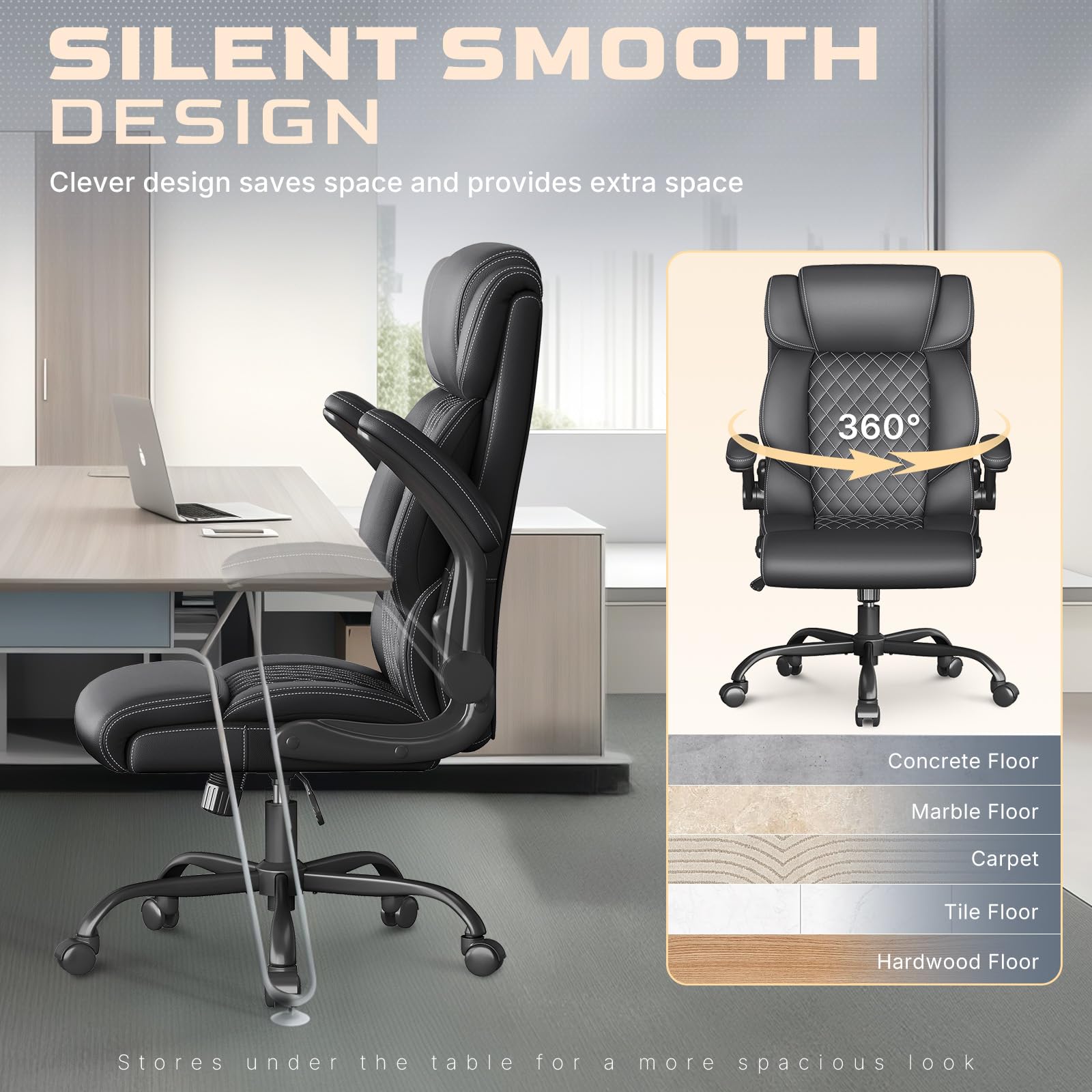 Office Chair-Executive High Back Breathable Comfy Desk Chair with Flip-up Armrests Lumbar Support-Ergonomic Leather Rolling Swivel Chair with Rock Function for Working Studying Gaming