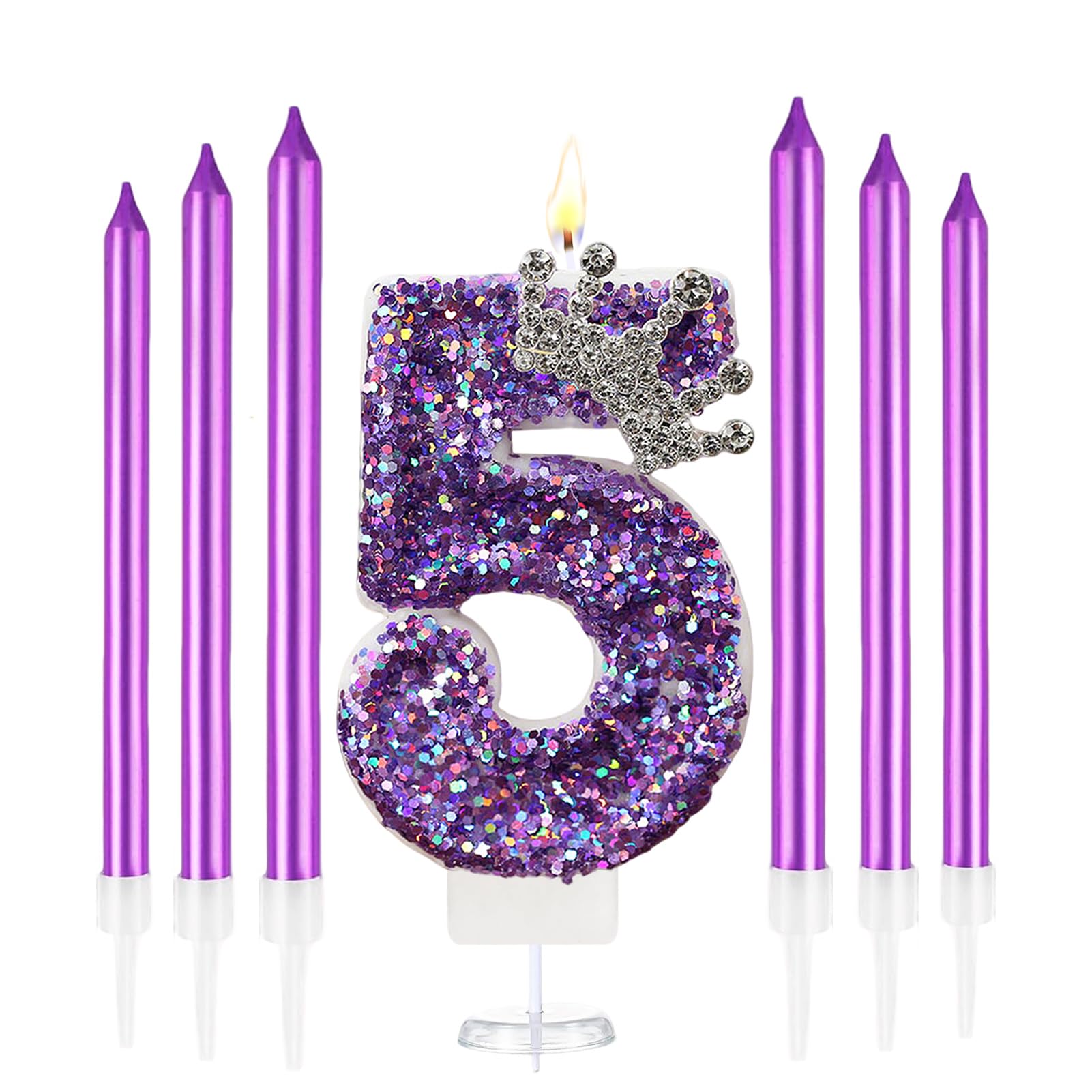 K Pop Number Birthday Candles, Glitter Crown Birthday Candles with 6 Pcs Long Candles, Stylish Kpop Music Themed Cake Topper for Girls Birthday Party Supplies (5 Candle, Holo Purple)